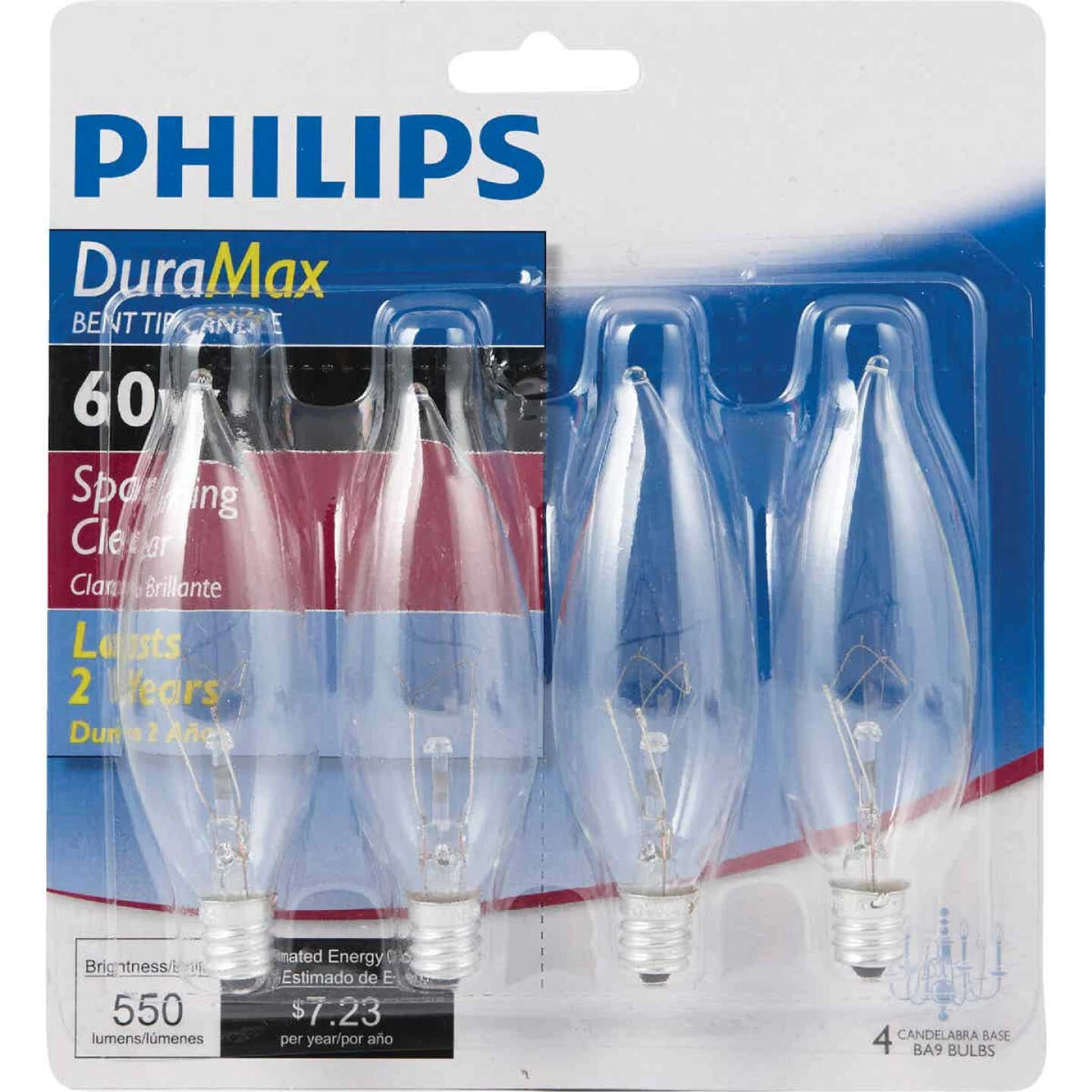Philips DuraMax 60W Clear Candelabra BA9 Incandescent Bent Tip Light Bulb (4-Pack) 4 Philips DuraMax 60W Clear Candelabra BA9 Incandescent Bent Tip Light Bulb (4-Pack) - Image 2