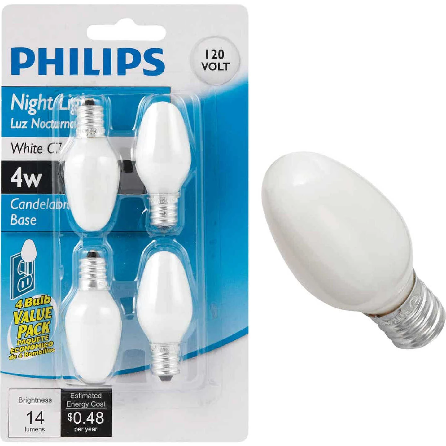 Philips 4W White Candelabra C7 Incandescent Night Light Bulb (4-Pack) 3 Philips 4W White Candelabra C7 Incandescent Night Light Bulb (4-Pack)