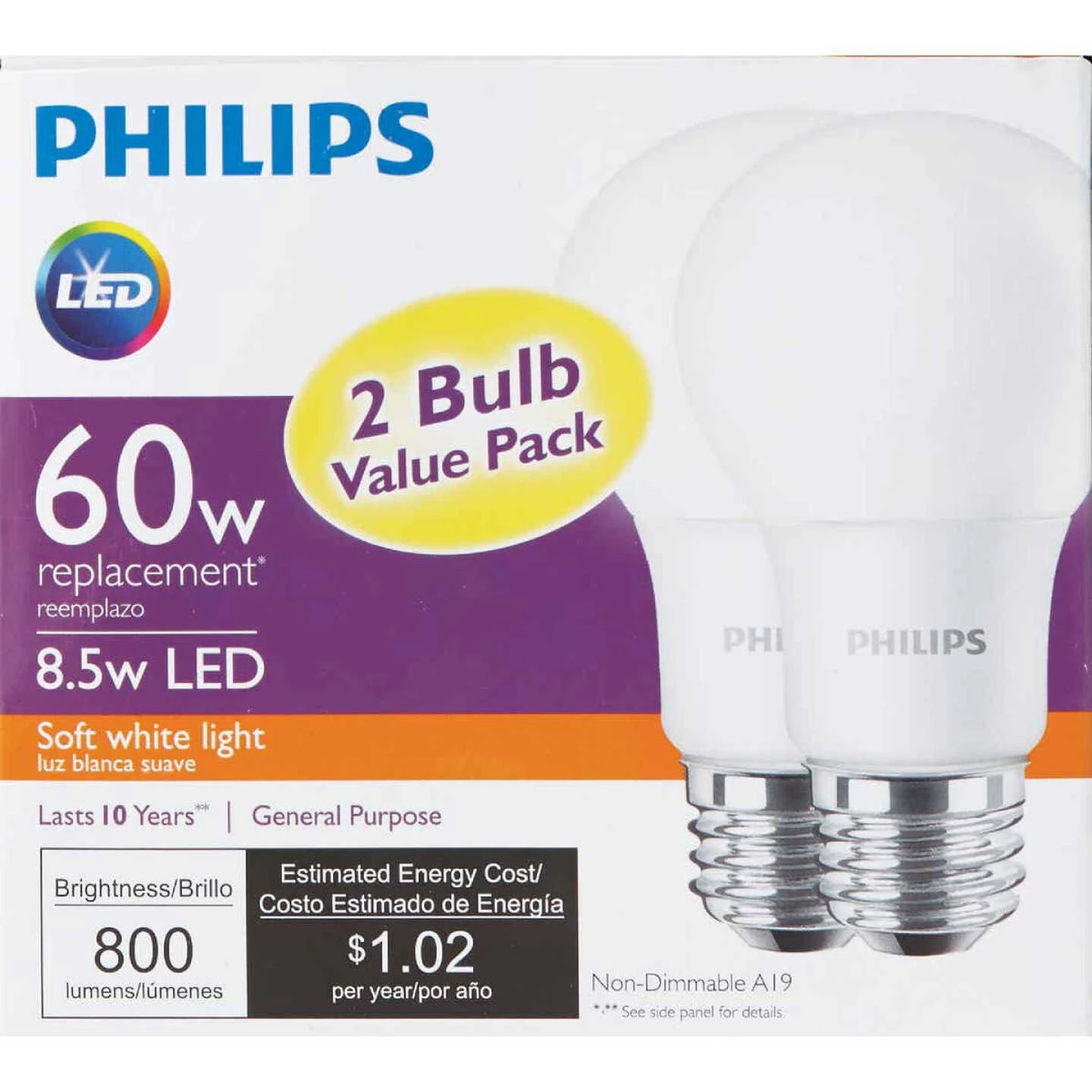 Philips 60W Equivalent Soft White A19 Medium LED Light Bulb (2-Pack) 4 Philips 60W Equivalent Soft White A19 Medium LED Light Bulb (2-Pack) - Image 2