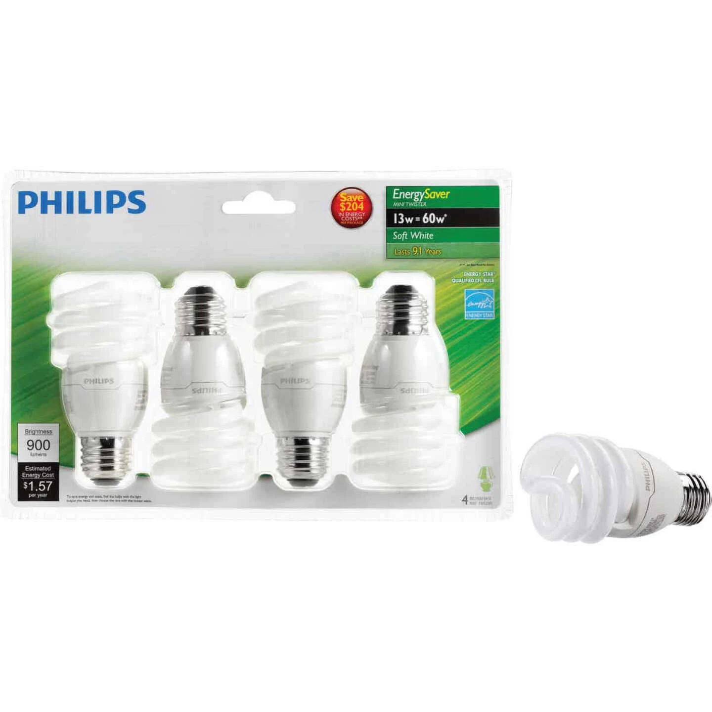 Philips Energy Saver 60W Equivalent Soft White Medium Base T2 Spiral CFL Light Bulb (4-Pack) 3 Philips Energy Saver 60W Equivalent Soft White Medium Base T2 Spiral CFL Light Bulb (4-Pack)