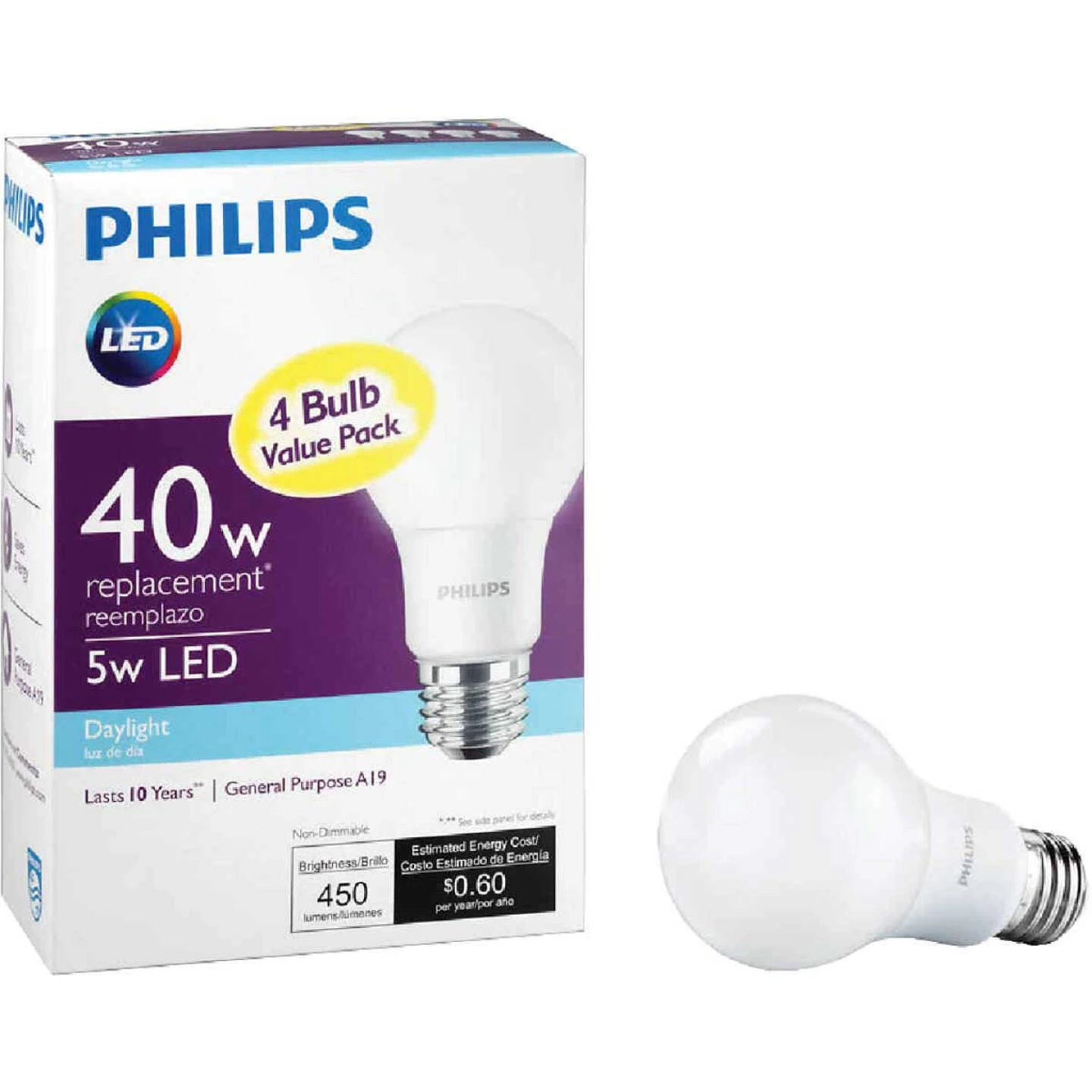Philips 40W Equivalent Daylight A19 Medium LED Light Bulb (4-Pack) 3 Philips 40W Equivalent Daylight A19 Medium LED Light Bulb (4-Pack)
