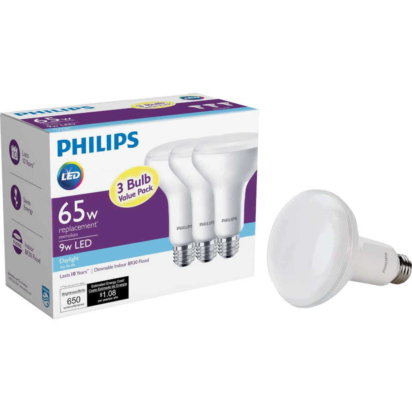 Philips 65W Equivalent Daylight BR30 Medium Dimmable LED Floodlight Light Bulb (3-Pack) 3 Philips 65W Equivalent Daylight BR30 Medium Dimmable LED Floodlight Light Bulb (3-Pack)