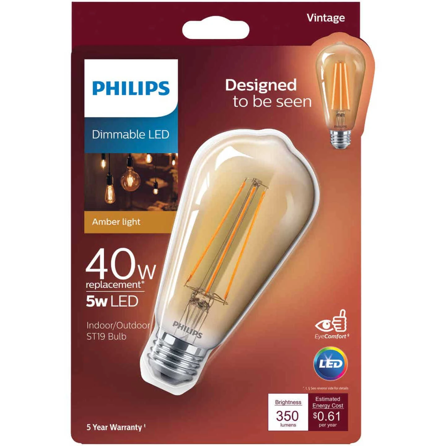 Philips Vintage Edison 40W Equivalent Amber Warm White ST19 Medium LED Decorative Light Bulb 4 Philips Vintage Edison 40W Equivalent Amber Warm White ST19 Medium LED Decorative Light Bulb - Image 2