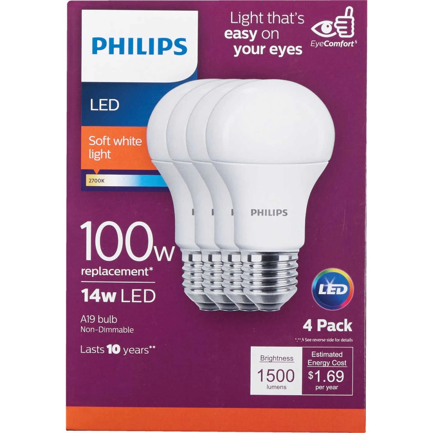 Philips EyeComfort 100W Equivalent Soft White A19 Medium LED Light Bulb (4-Pack) 4 Philips EyeComfort 100W Equivalent Soft White A19 Medium LED Light Bulb (4-Pack) - Image 2