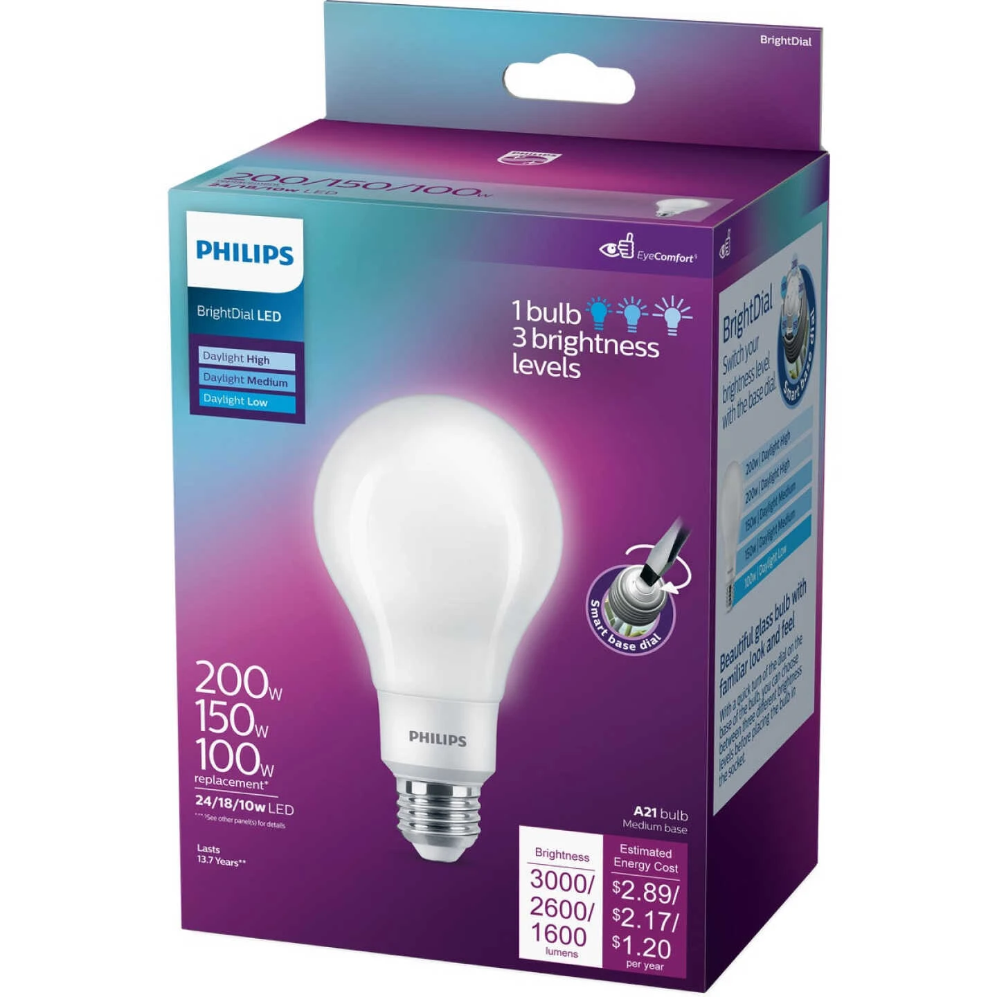Philips BrightDial 200/150/100W Equivalent Daylight A21 Medium LED Light Bulb 7 Philips BrightDial 200/150/100W Equivalent Daylight A21 Medium LED Light Bulb - Image 5
