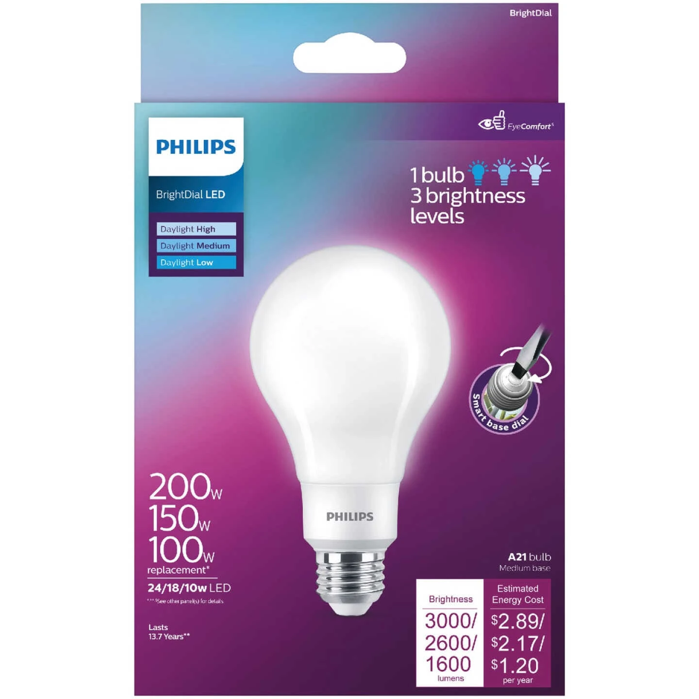 Philips BrightDial 200/150/100W Equivalent Daylight A21 Medium LED Light Bulb 4 Philips BrightDial 200/150/100W Equivalent Daylight A21 Medium LED Light Bulb - Image 2