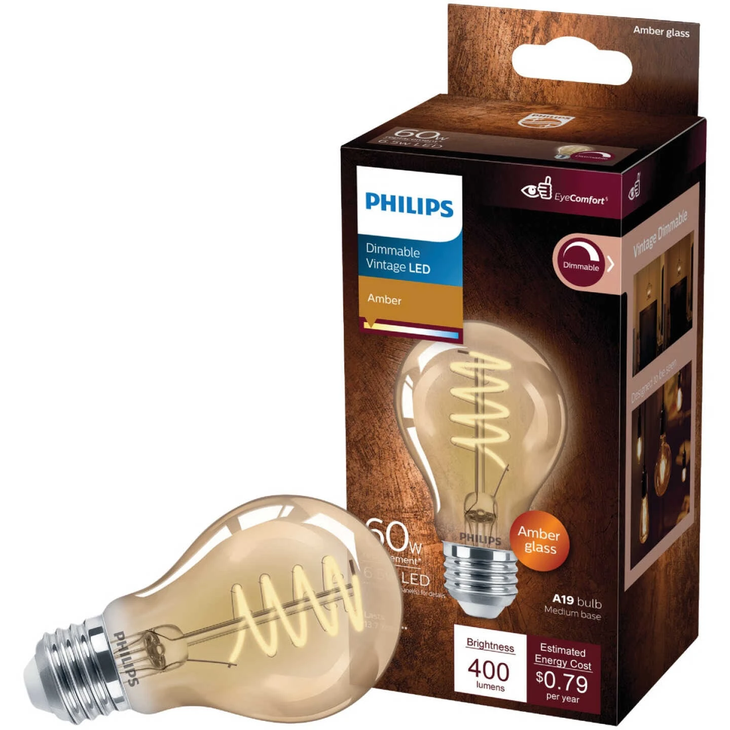 Philips 60W Equivalent Amber Medium A19 Dimmable Vintage LED Light Bulb 3 Philips 60W Equivalent Amber Medium A19 Dimmable Vintage LED Light Bulb