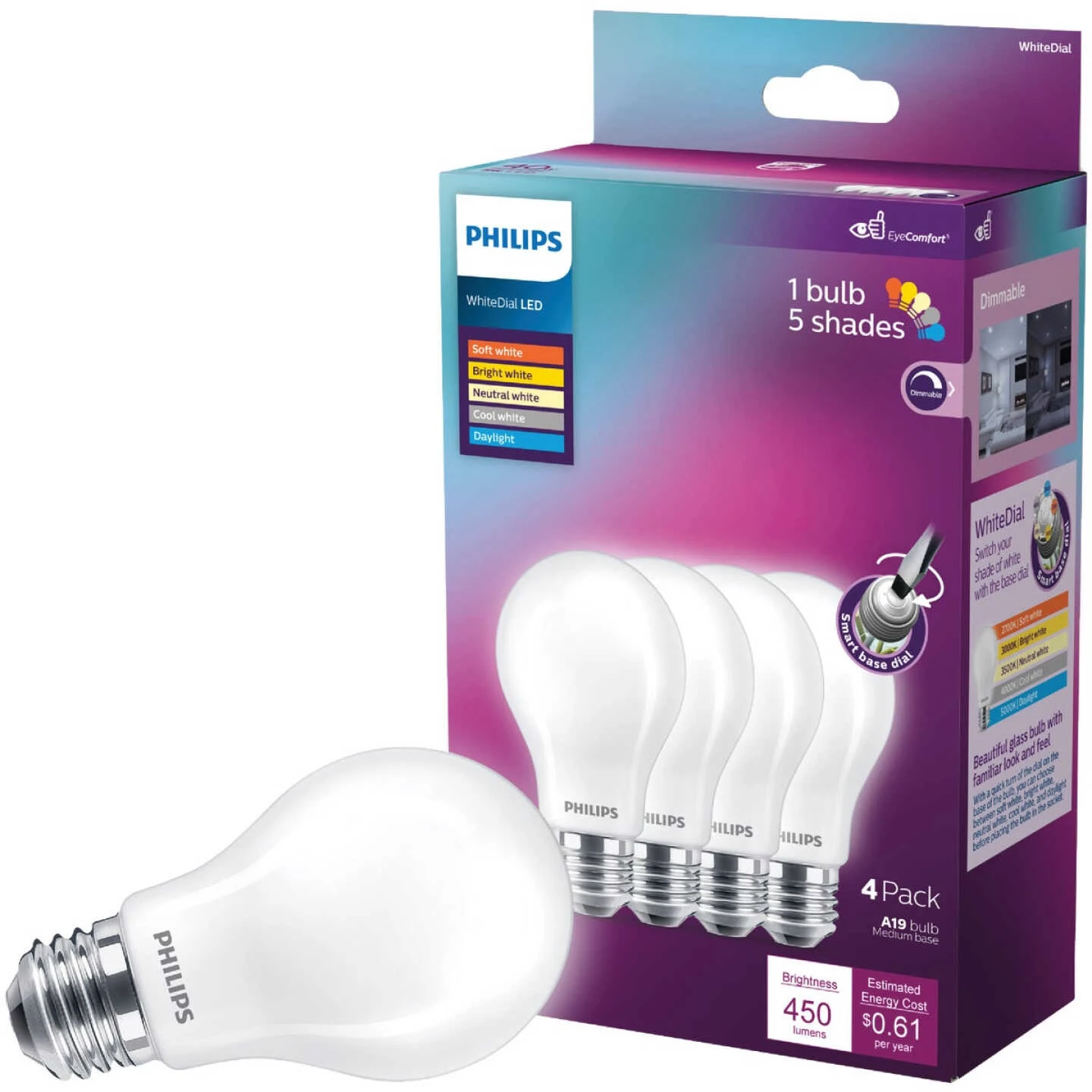 Philips WhiteDial 40W Equivalent Multi CCT A19 Medium LED Light Bulb (4-Pack) 3 Philips WhiteDial 40W Equivalent Multi CCT A19 Medium LED Light Bulb (4-Pack)