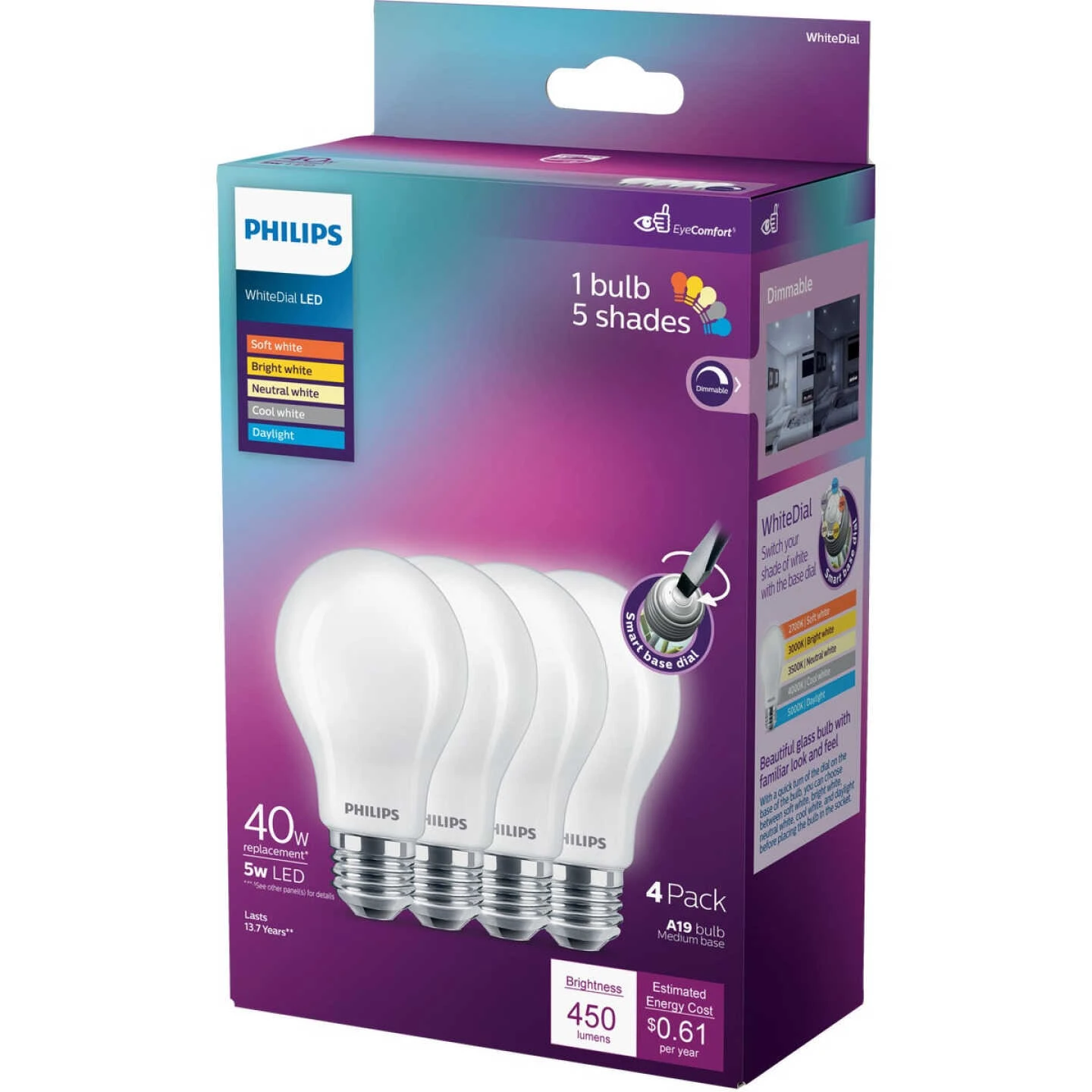 Philips WhiteDial 40W Equivalent Multi CCT A19 Medium LED Light Bulb (4-Pack) 6 Philips WhiteDial 40W Equivalent Multi CCT A19 Medium LED Light Bulb (4-Pack) - Image 4
