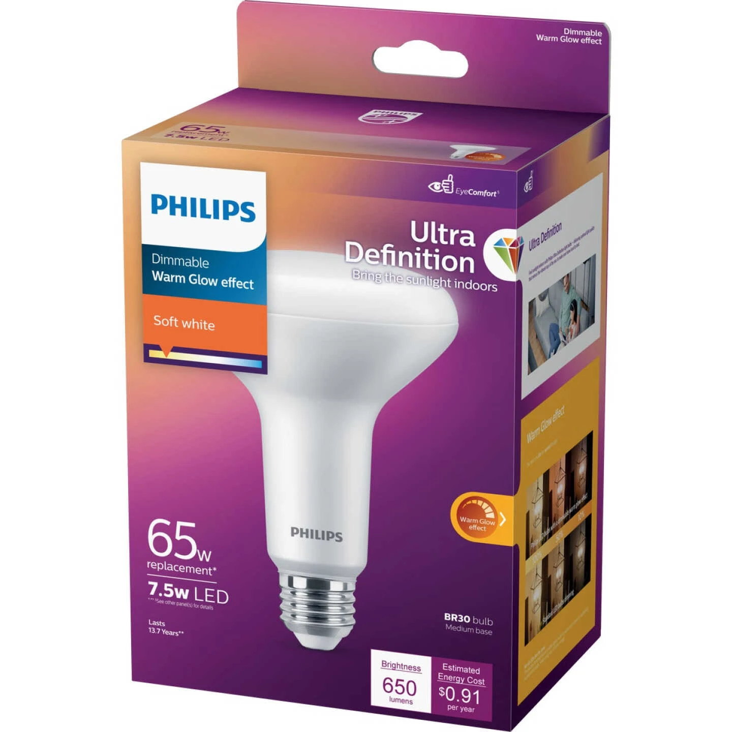 Philips Warm Glow Ultra Definition 65W Equivalent Soft White BR30 Medium Dimmable LED Floodlight Light Bulb 6 Philips Warm Glow Ultra Definition 65W Equivalent Soft White BR30 Medium Dimmable LED Floodlight Light Bulb - Image 4