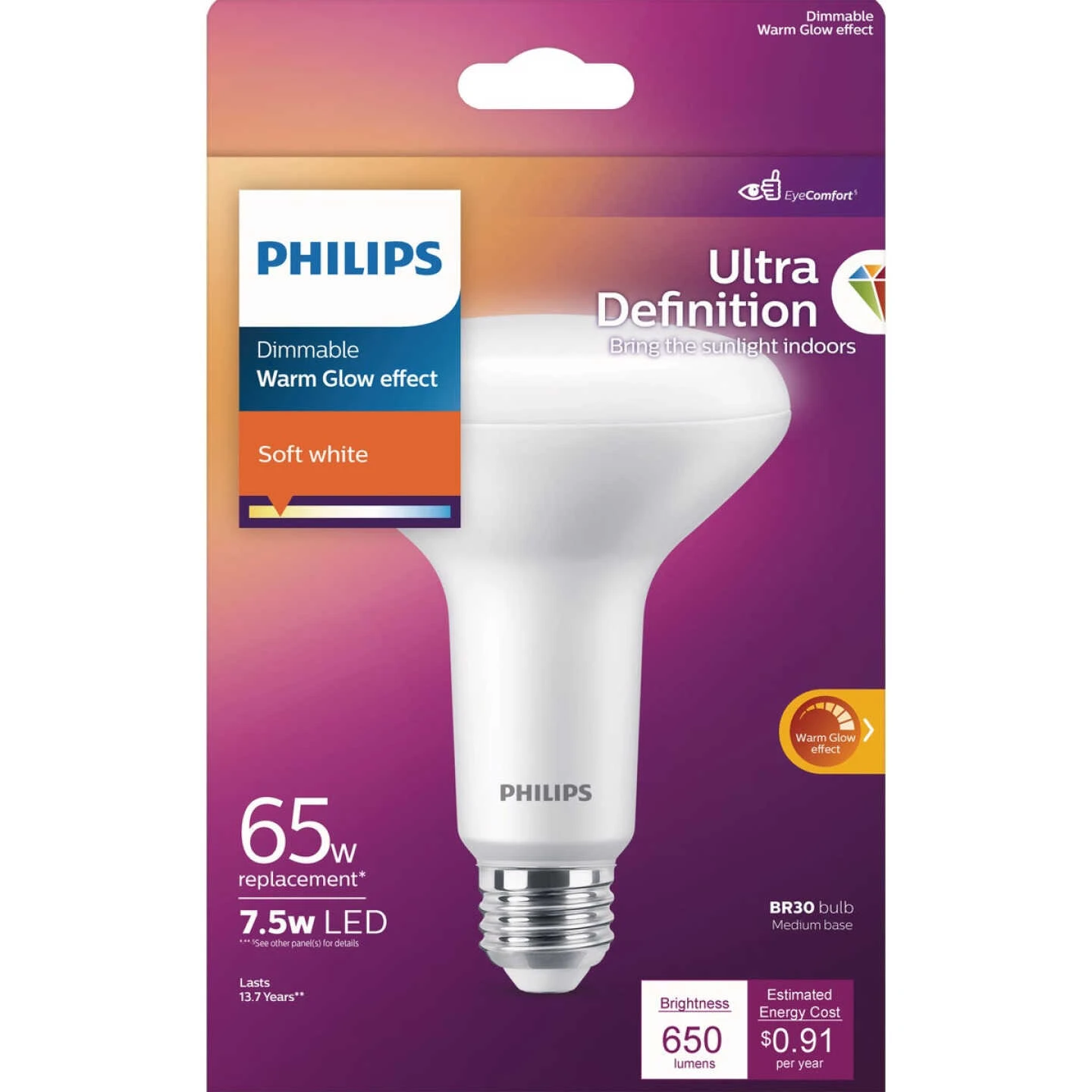 Philips Warm Glow Ultra Definition 65W Equivalent Soft White BR30 Medium Dimmable LED Floodlight Light Bulb 4 Philips Warm Glow Ultra Definition 65W Equivalent Soft White BR30 Medium Dimmable LED Floodlight Light Bulb - Image 2