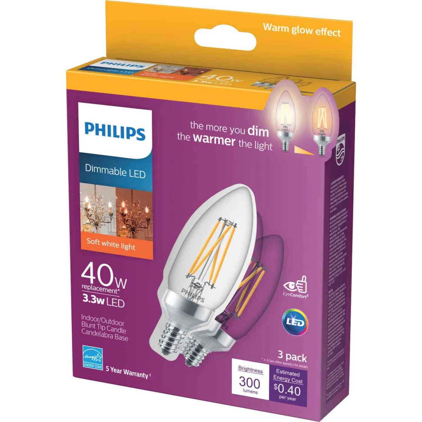 Philips Warm Glow 40W Equivalent Soft White B11 Candelabra Dimmable LED Decorative Light Bulb (3-Pack) 3 Philips Warm Glow 40W Equivalent Soft White B11 Candelabra Dimmable LED Decorative Light Bulb (3-Pack)