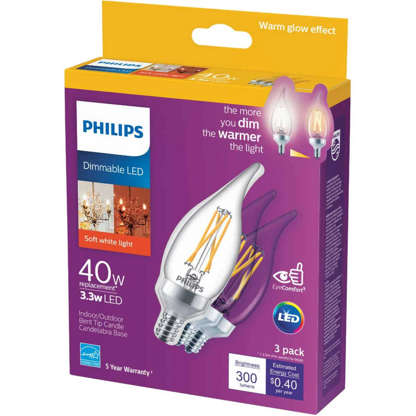 Philips Warm Glow 40W Equivalent Soft White BA11 Candelabra Decorative LED Light Bulb (3-Pack) 3 Philips Warm Glow 40W Equivalent Soft White BA11 Candelabra Decorative LED Light Bulb (3-Pack)