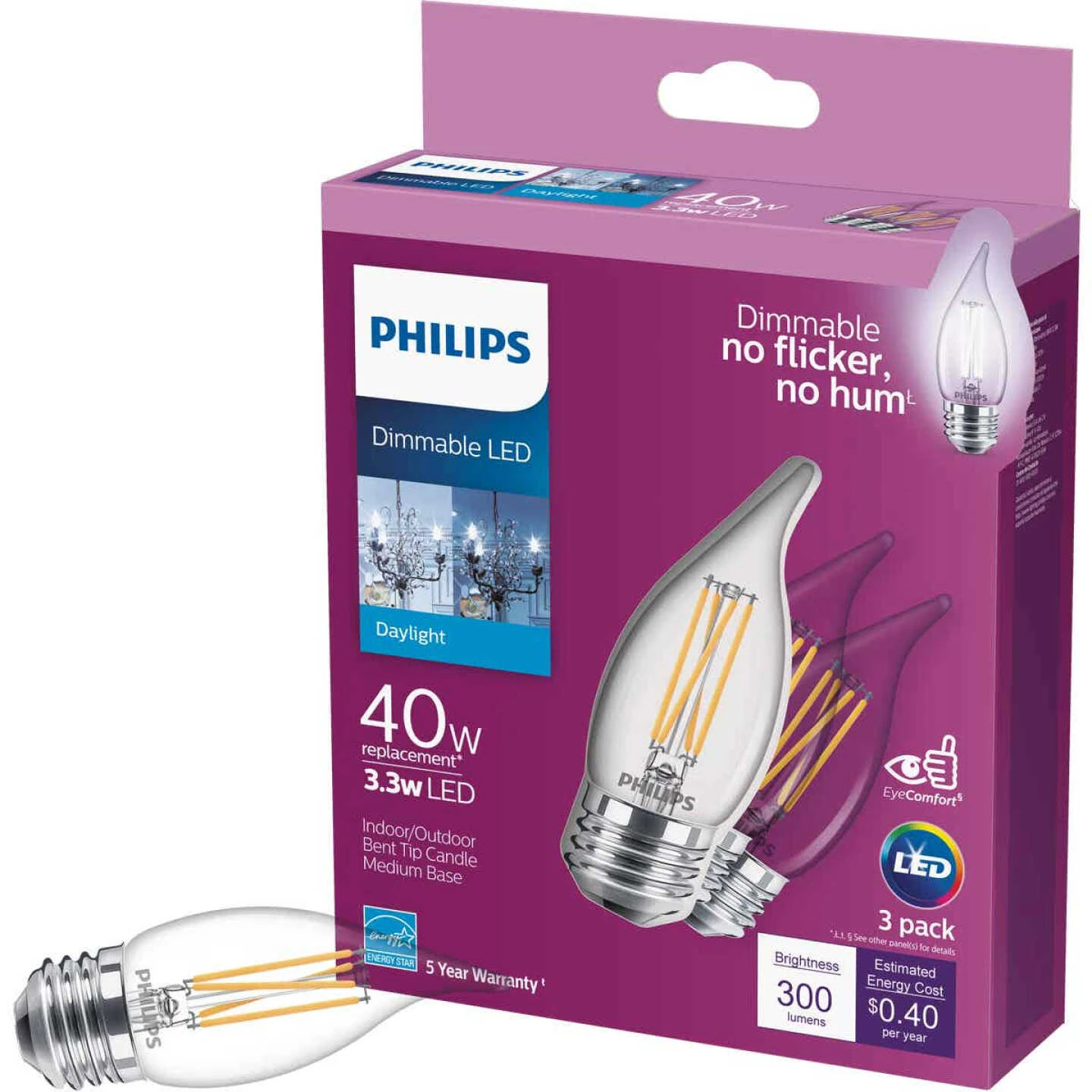 Philips 40W Equivalent Daylight BA11 Medium LED Decorative Light Bulb (3-Pack) 3 Philips 40W Equivalent Daylight BA11 Medium LED Decorative Light Bulb (3-Pack)