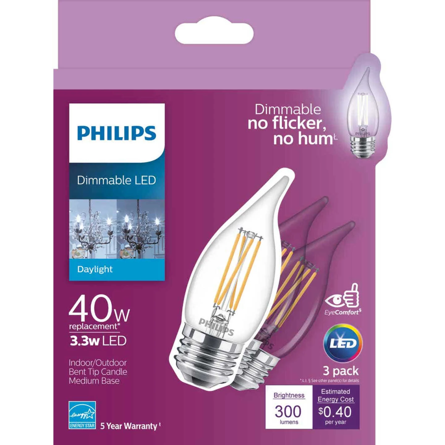 Philips 40W Equivalent Daylight BA11 Medium LED Decorative Light Bulb (3-Pack) 4 Philips 40W Equivalent Daylight BA11 Medium LED Decorative Light Bulb (3-Pack) - Image 2