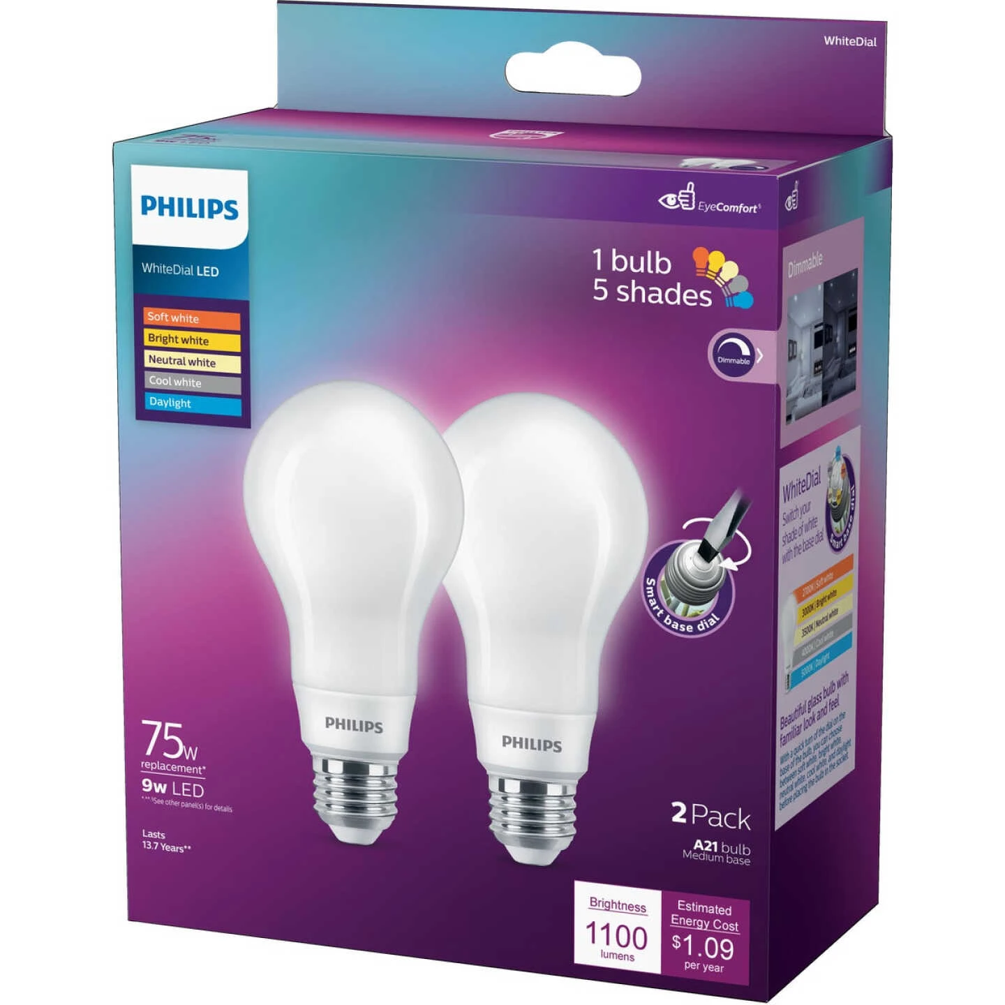 Philips WhiteDial 75W Equivalent Multi CCT A21 Medium LED Light Bulb (2-Pack) 6 Philips WhiteDial 75W Equivalent Multi CCT A21 Medium LED Light Bulb (2-Pack) - Image 4