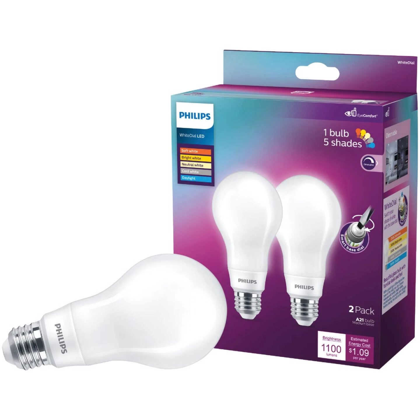 Philips WhiteDial 75W Equivalent Multi CCT A21 Medium LED Light Bulb (2-Pack) 3 Philips WhiteDial 75W Equivalent Multi CCT A21 Medium LED Light Bulb (2-Pack)