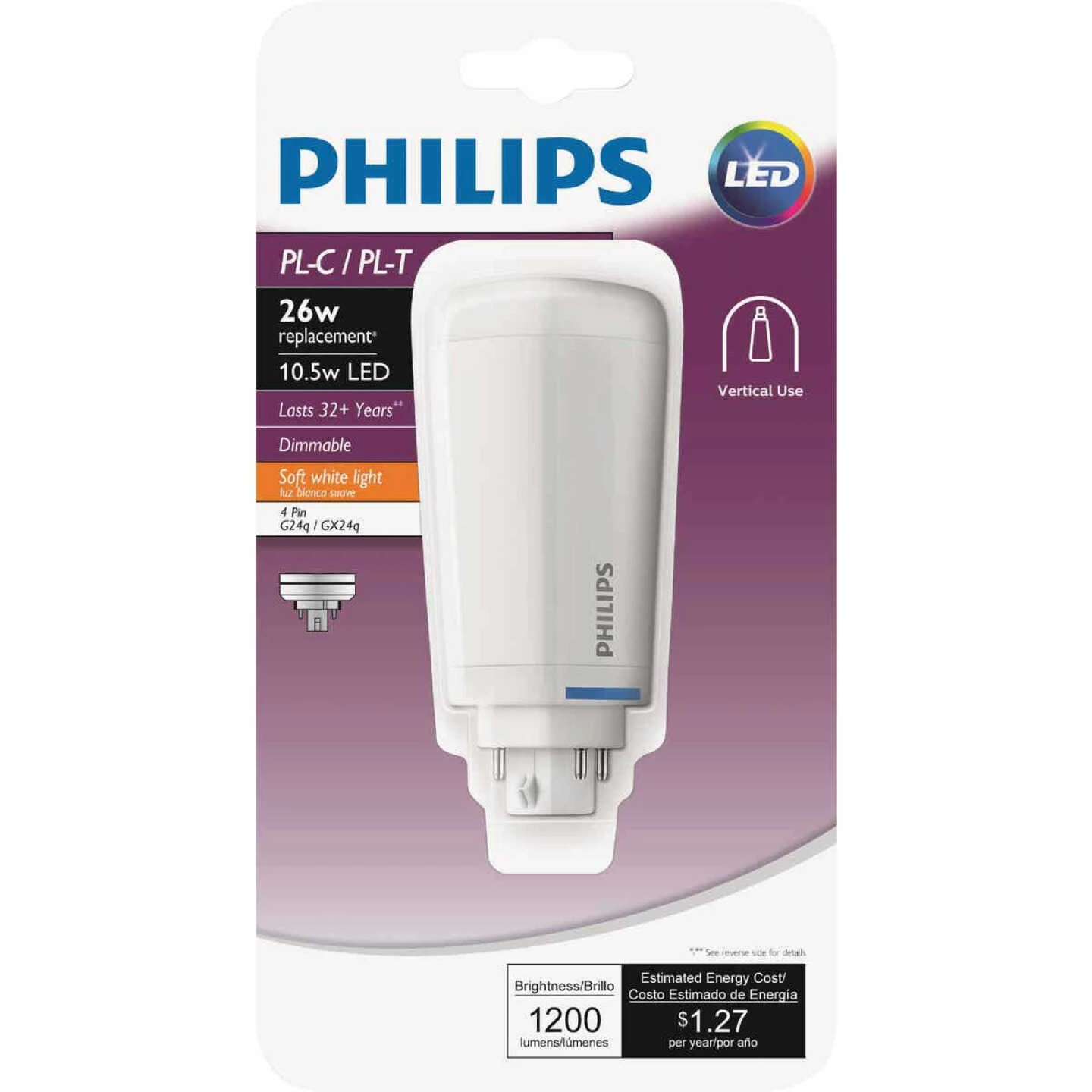 Philips 26W Equivalent Soft White PL-C/T 4-Pin Vertical Orientation LED Tube Light Bulb 3 Philips 26W Equivalent Soft White PL-C/T 4-Pin Vertical Orientation LED Tube Light Bulb