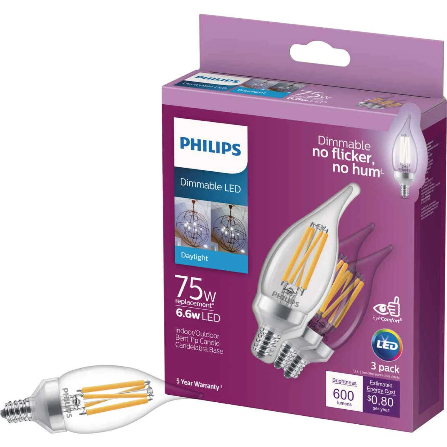 Philips 75W Equivalent Daylight BA11 Candelabra Dimmable LED Light Bulb (3-Pack) 3 Philips 75W Equivalent Daylight BA11 Candelabra Dimmable LED Light Bulb (3-Pack)