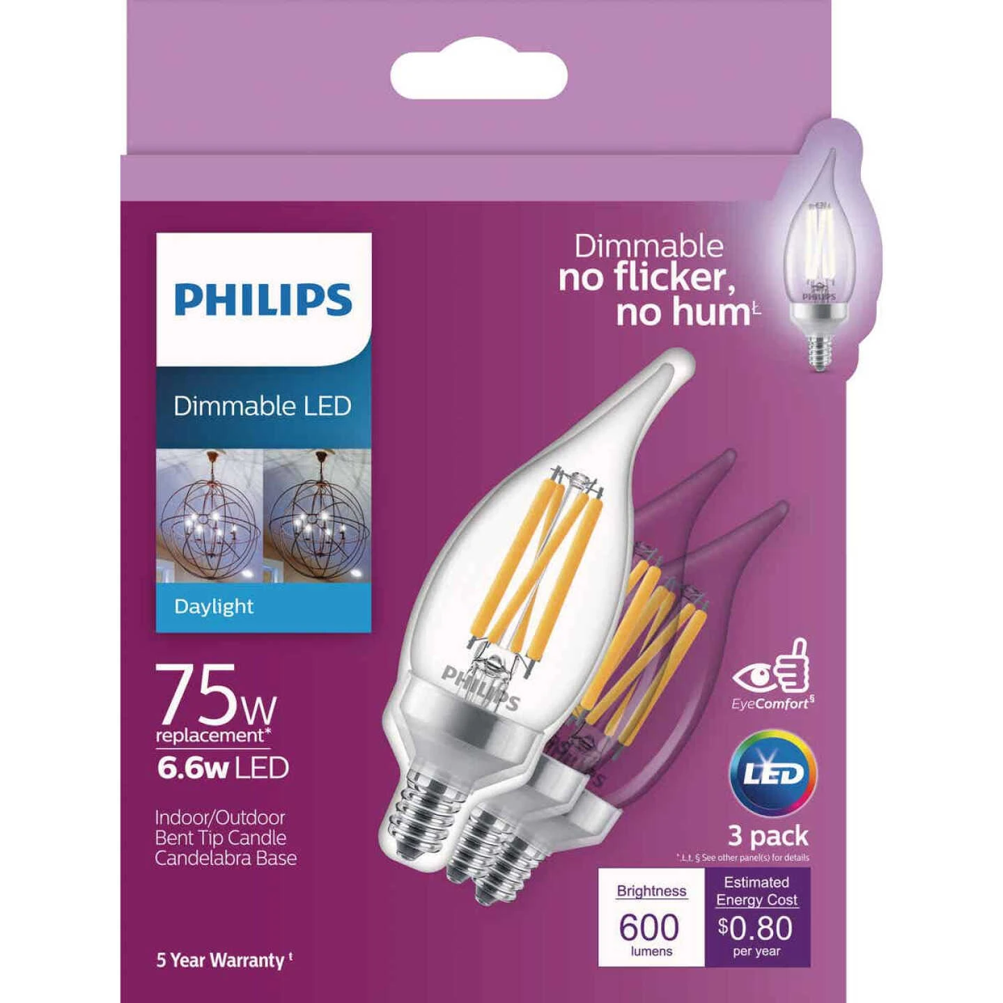 Philips 75W Equivalent Daylight BA11 Candelabra Dimmable LED Light Bulb (3-Pack) 4 Philips 75W Equivalent Daylight BA11 Candelabra Dimmable LED Light Bulb (3-Pack) - Image 2