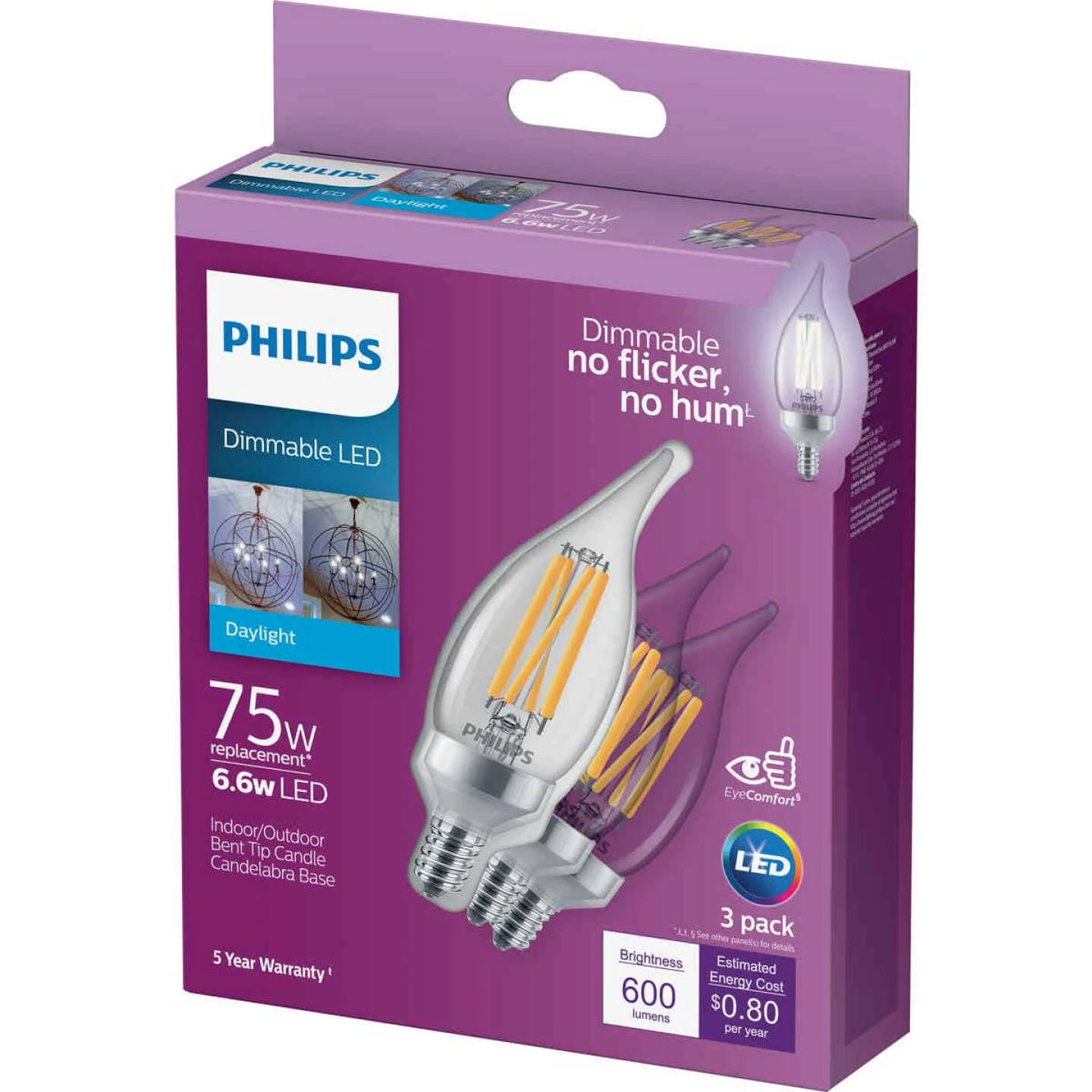 Philips 75W Equivalent Daylight BA11 Candelabra Dimmable LED Light Bulb (3-Pack) 5 Philips 75W Equivalent Daylight BA11 Candelabra Dimmable LED Light Bulb (3-Pack) - Image 3