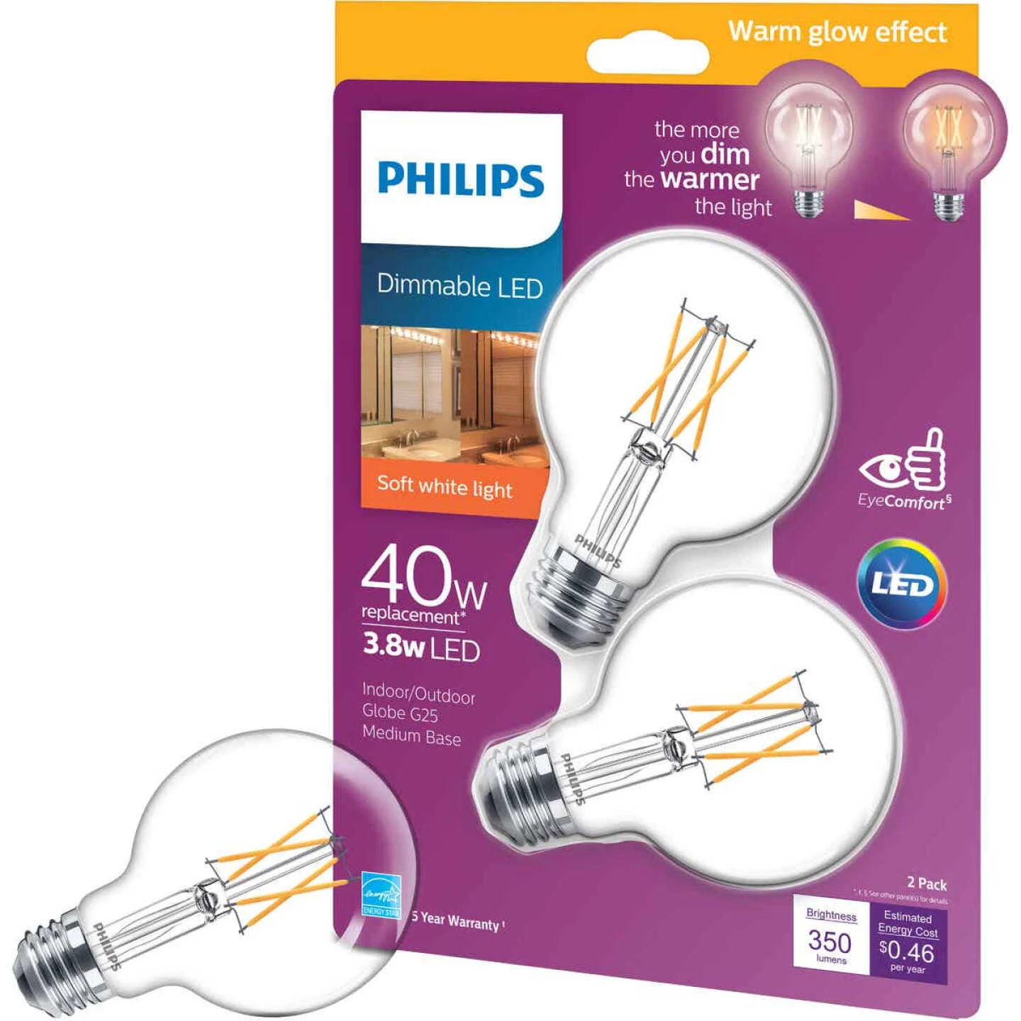 Philips Warm Glow 40W Equivalent Soft White G25 Medium Clear Dimmable LED Decorative Globe Light Bulb (2-Pack) 3 Philips Warm Glow 40W Equivalent Soft White G25 Medium Clear Dimmable LED Decorative Globe Light Bulb (2-Pack)