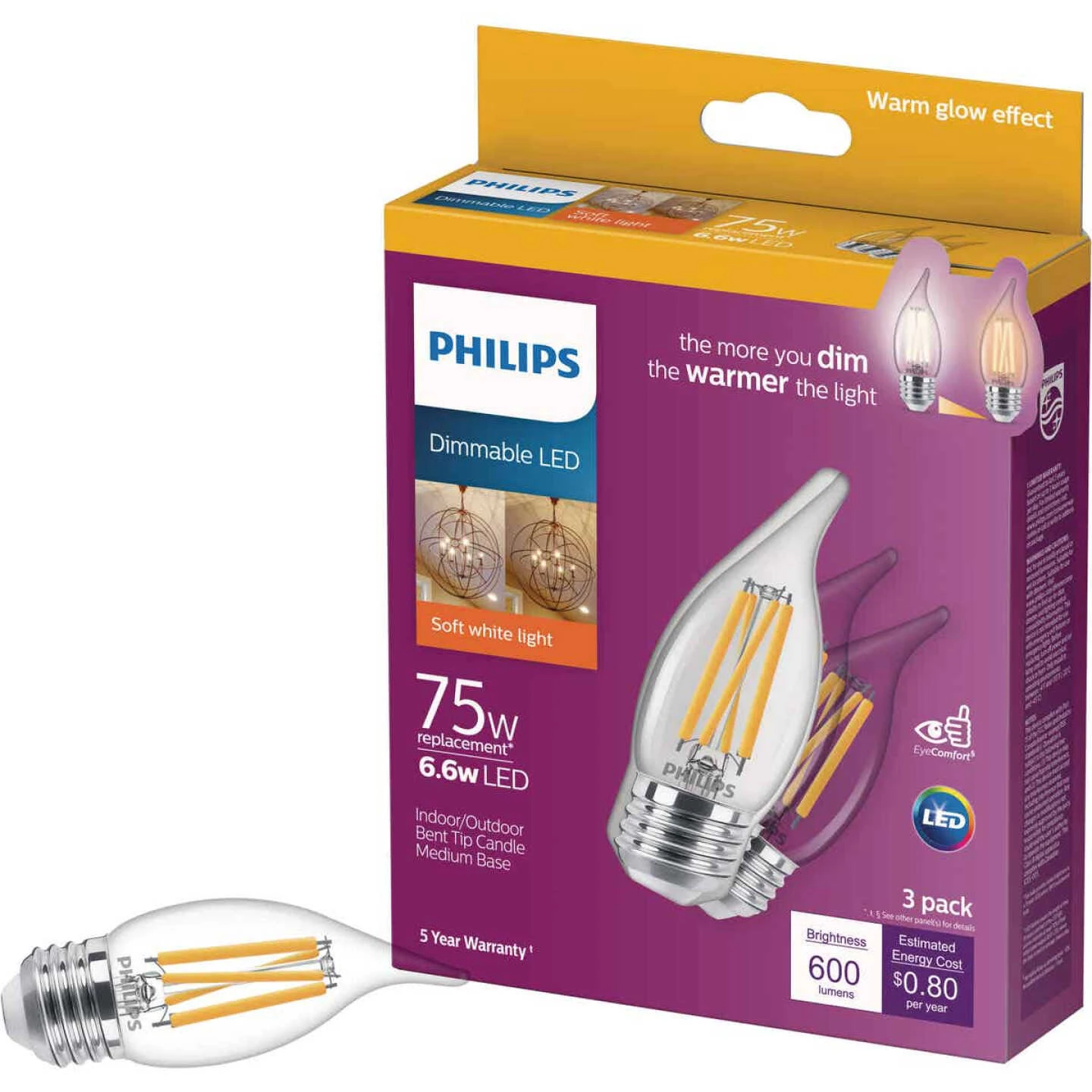 Philips Warm Glow 75W Equivalent Soft White BA11 Medium Dimmable LED Light Bulb (3-Pack) 3 Philips Warm Glow 75W Equivalent Soft White BA11 Medium Dimmable LED Light Bulb (3-Pack)