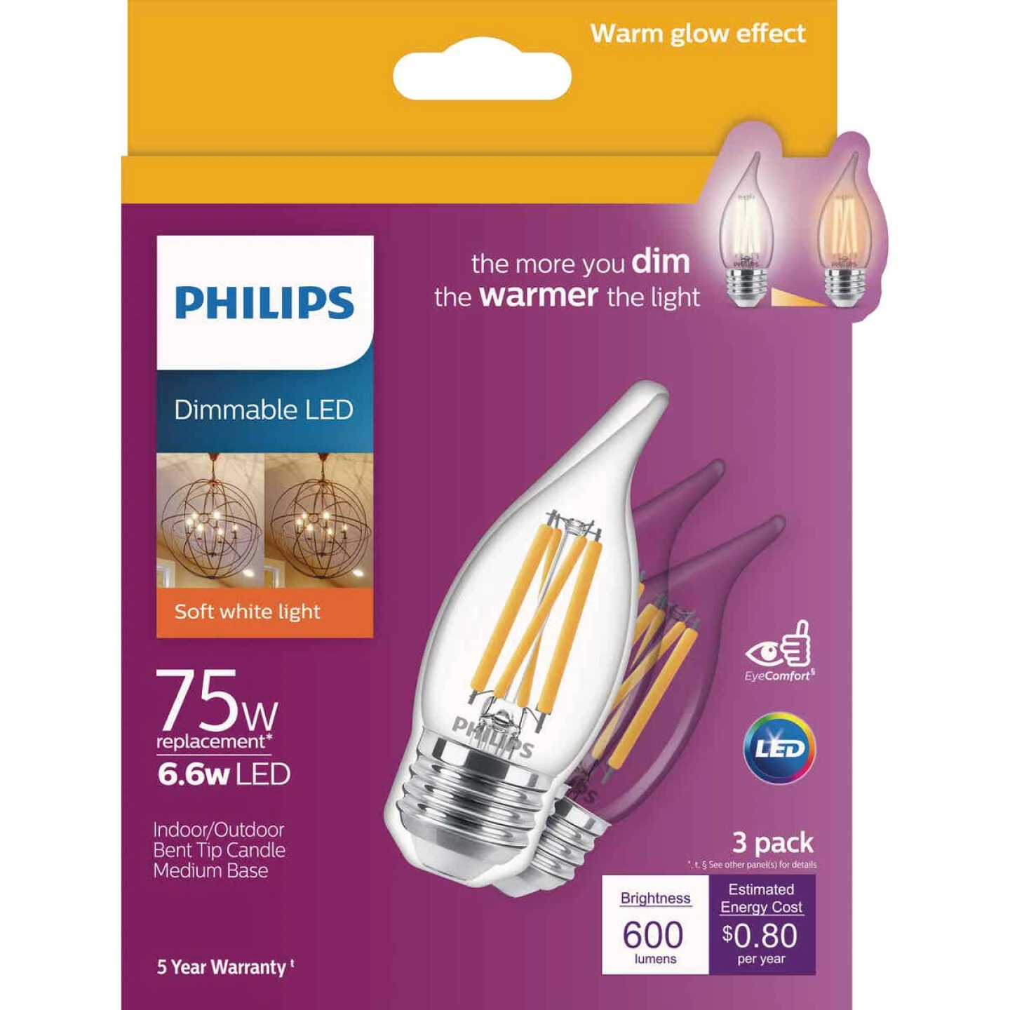 Philips Warm Glow 75W Equivalent Soft White BA11 Medium Dimmable LED Light Bulb (3-Pack) 4 Philips Warm Glow 75W Equivalent Soft White BA11 Medium Dimmable LED Light Bulb (3-Pack) - Image 2