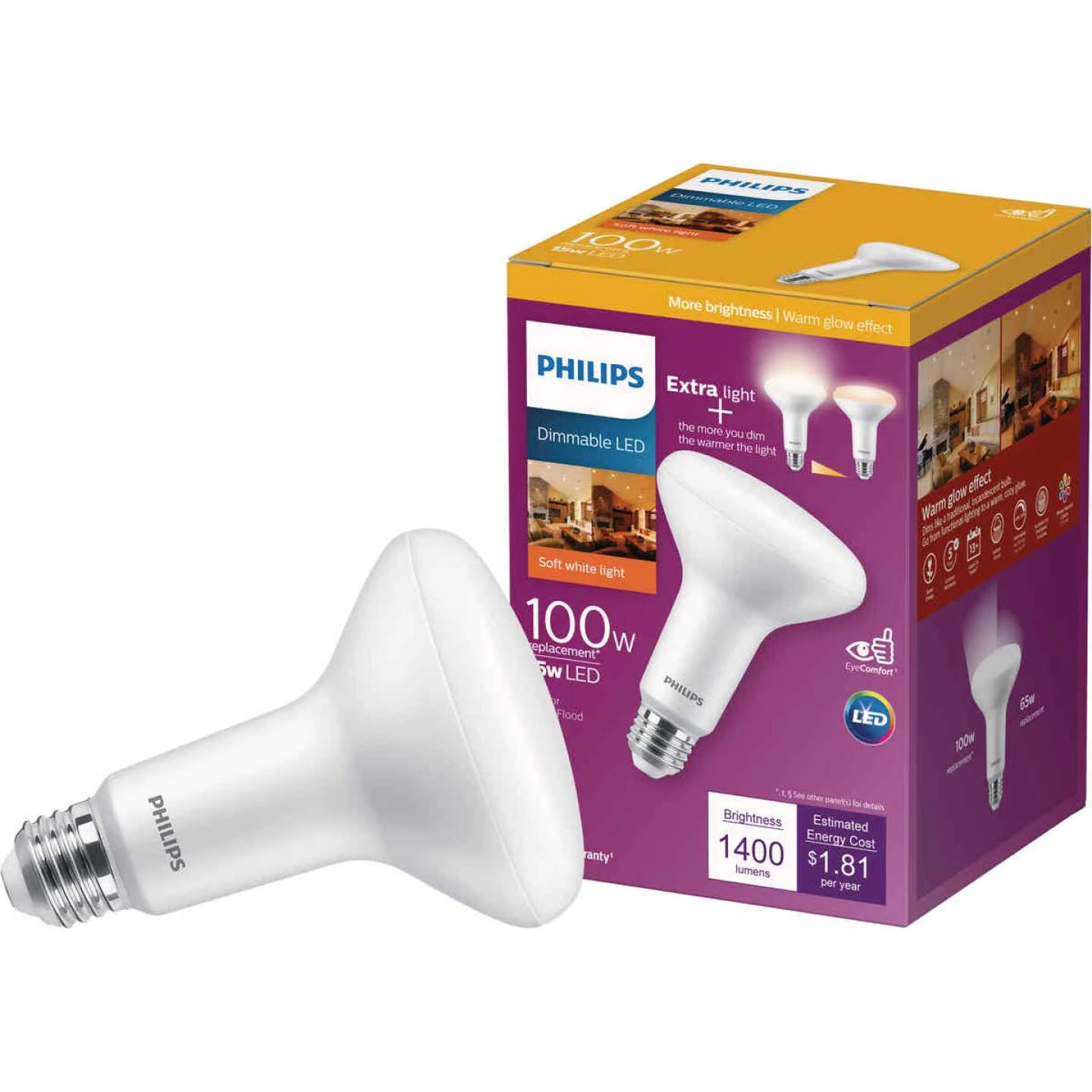 Philips Warm Glow 100W Equivalent Soft White BR30 Medium Dimmable LED Floodlight Light Bulb 3 Philips Warm Glow 100W Equivalent Soft White BR30 Medium Dimmable LED Floodlight Light Bulb