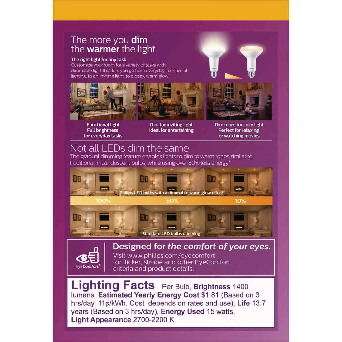 Philips Warm Glow 100W Equivalent Soft White BR30 Medium Dimmable LED Floodlight Light Bulb 5 Philips Warm Glow 100W Equivalent Soft White BR30 Medium Dimmable LED Floodlight Light Bulb - Image 3