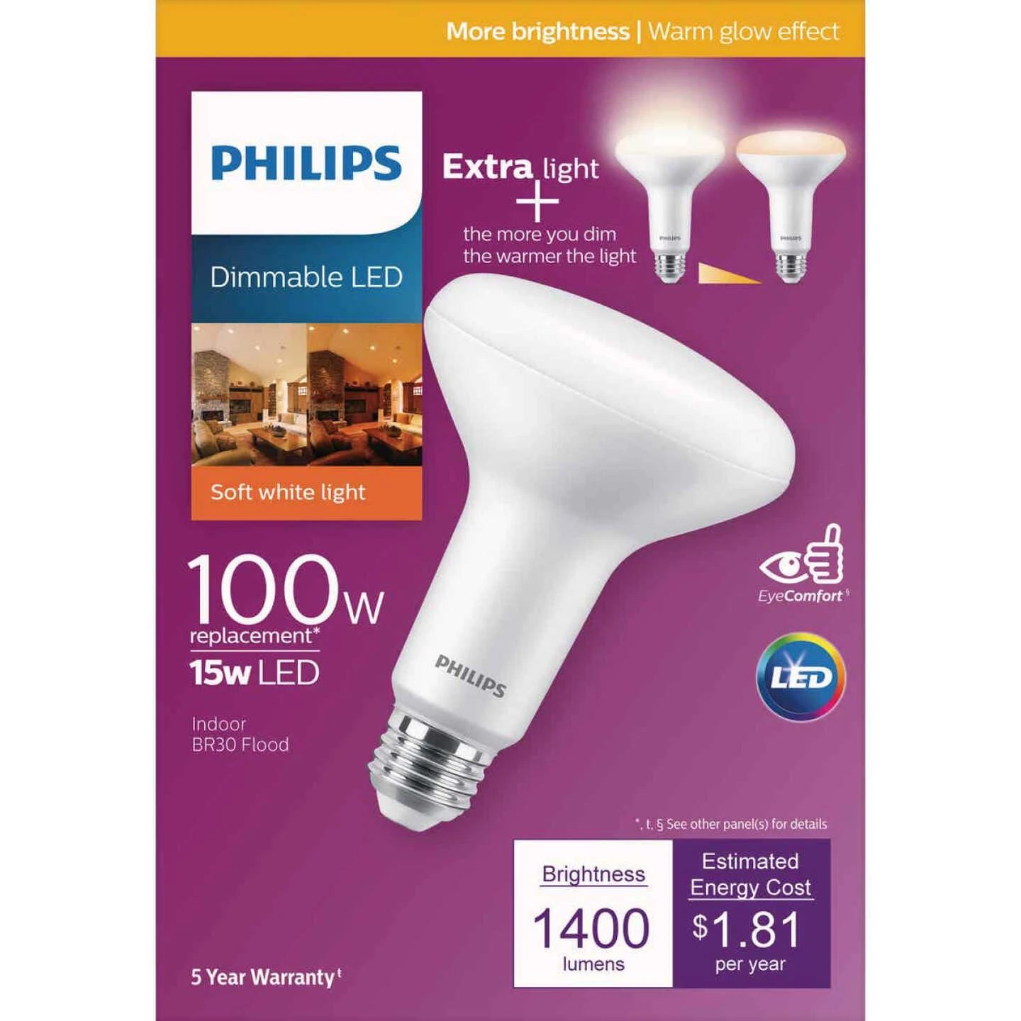 Philips Warm Glow 100W Equivalent Soft White BR30 Medium Dimmable LED Floodlight Light Bulb 4 Philips Warm Glow 100W Equivalent Soft White BR30 Medium Dimmable LED Floodlight Light Bulb - Image 2