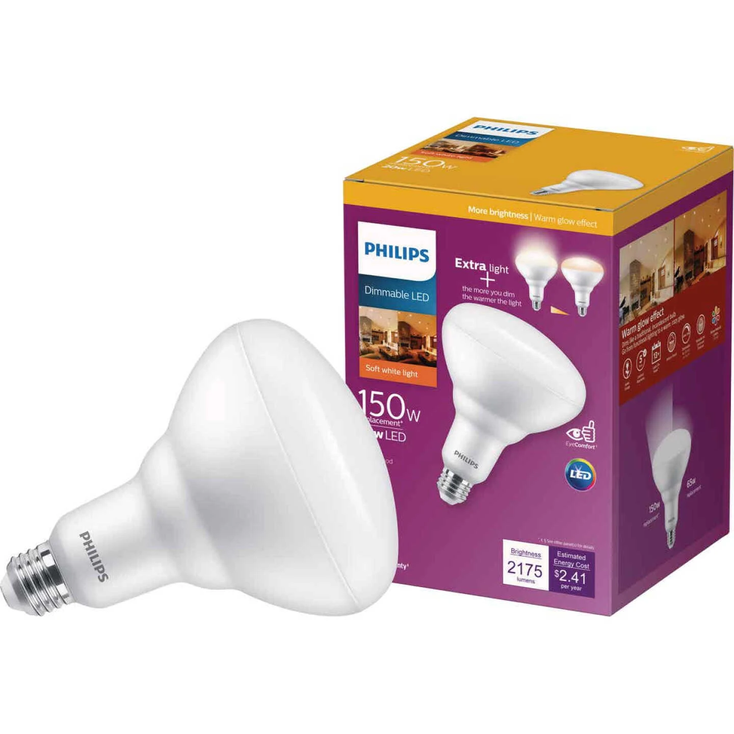 Philips Warm Glow 150W Equivalent Soft White BR40 Medium Dimmable LED Floodlight Light Bulb 3 Philips Warm Glow 150W Equivalent Soft White BR40 Medium Dimmable LED Floodlight Light Bulb
