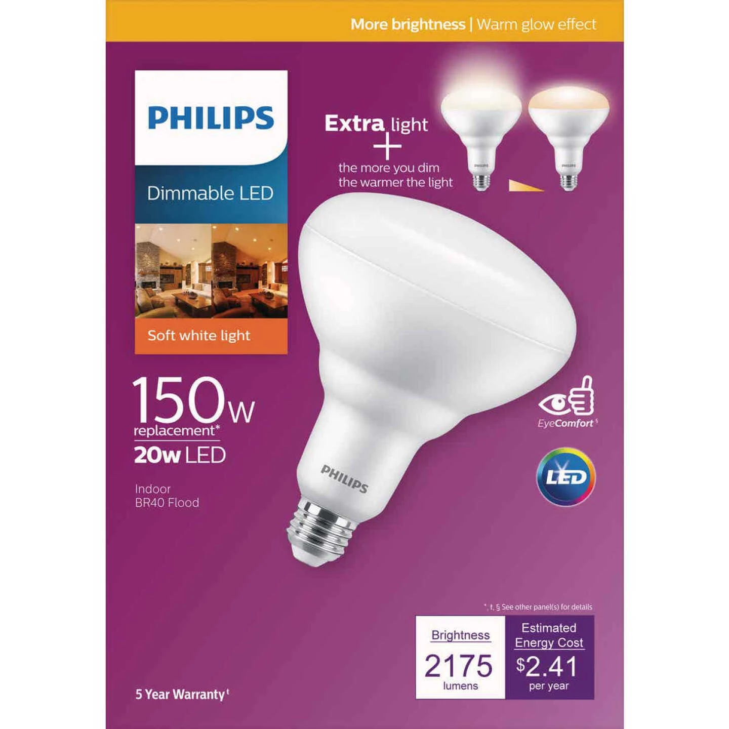 Philips Warm Glow 150W Equivalent Soft White BR40 Medium Dimmable LED Floodlight Light Bulb 5 Philips Warm Glow 150W Equivalent Soft White BR40 Medium Dimmable LED Floodlight Light Bulb - Image 3