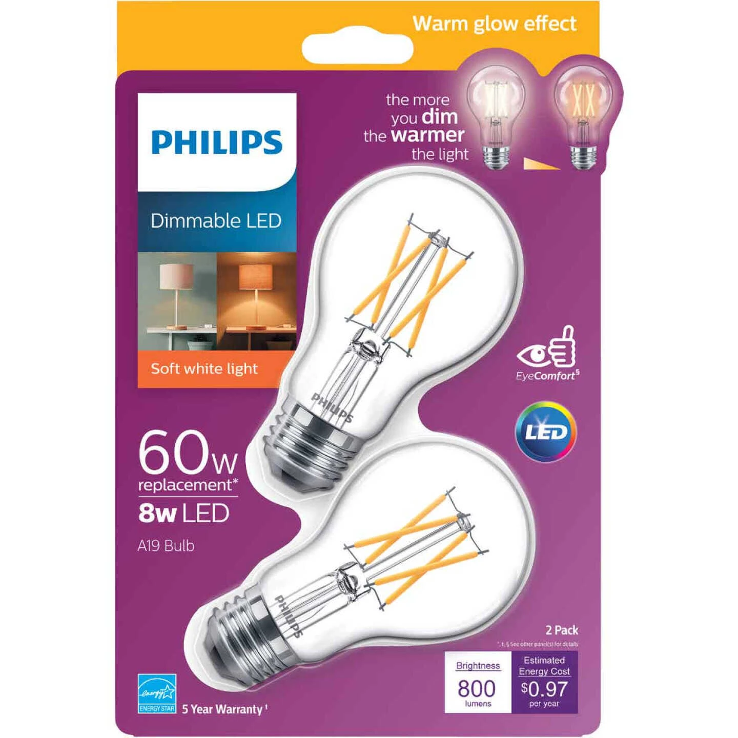 Philips Warm Glow 60W Equivalent Soft White A19 Medium Dimmable LED Light Bulb (2-Pack) 3 Philips Warm Glow 60W Equivalent Soft White A19 Medium Dimmable LED Light Bulb (2-Pack)