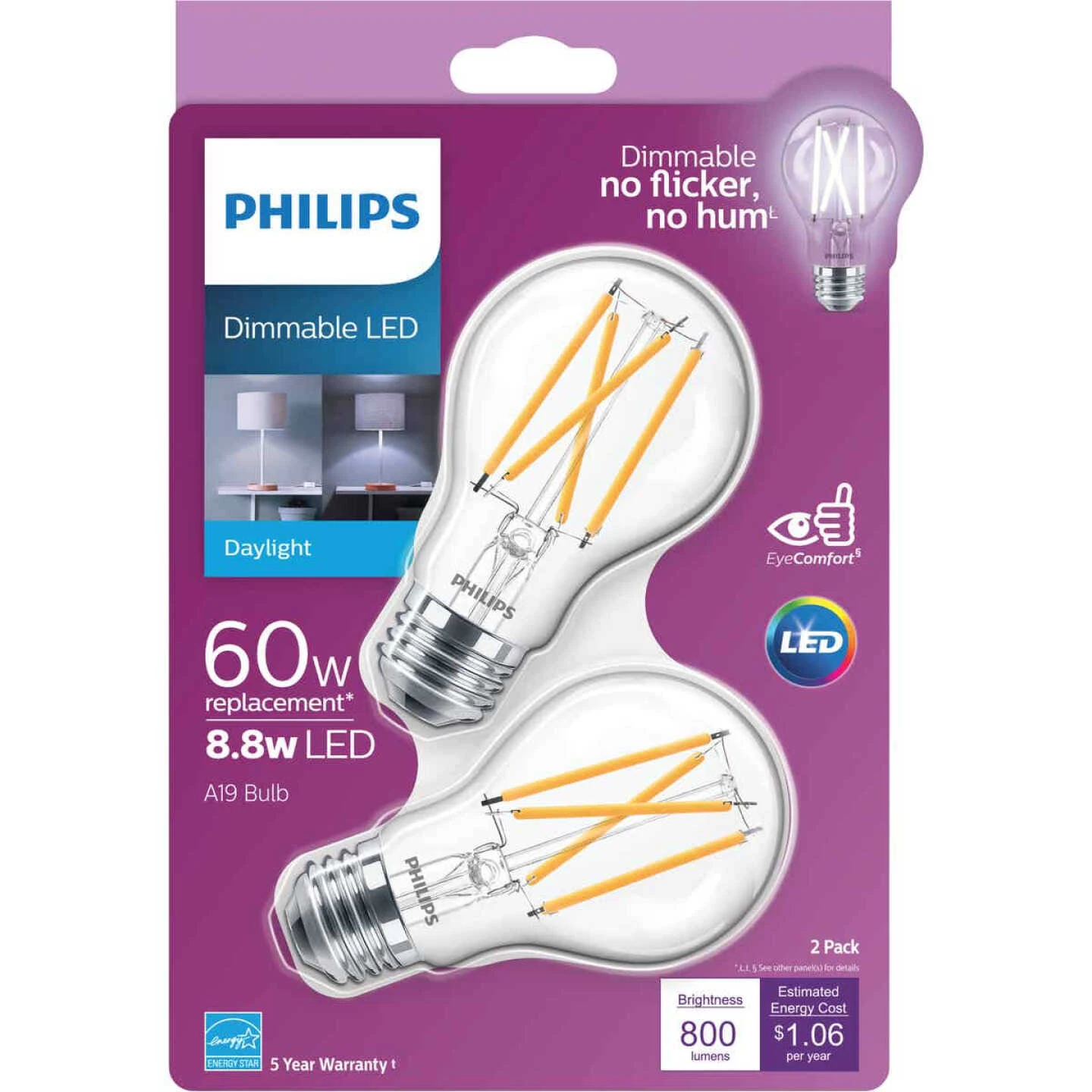 Philips 60W Equivalent Daylight A19 Medium Dimmable LED Light Bulb (2-Pack) 3 Philips 60W Equivalent Daylight A19 Medium Dimmable LED Light Bulb (2-Pack)