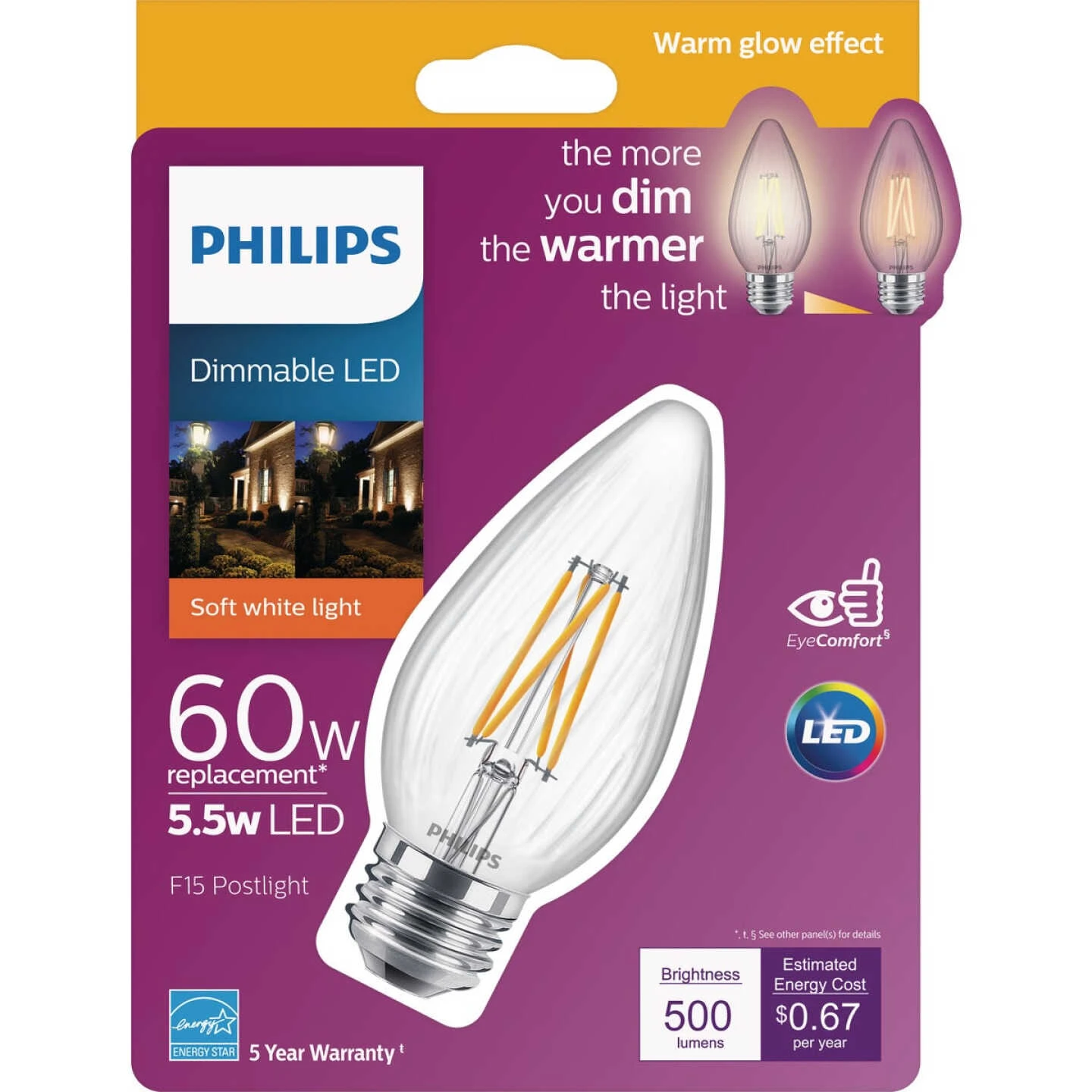 Philips Warm Glow 60W Equivalent Soft White F15 Medium Dimmable Post LED Decorative Light Bulb 4 Philips Warm Glow 60W Equivalent Soft White F15 Medium Dimmable Post LED Decorative Light Bulb - Image 2