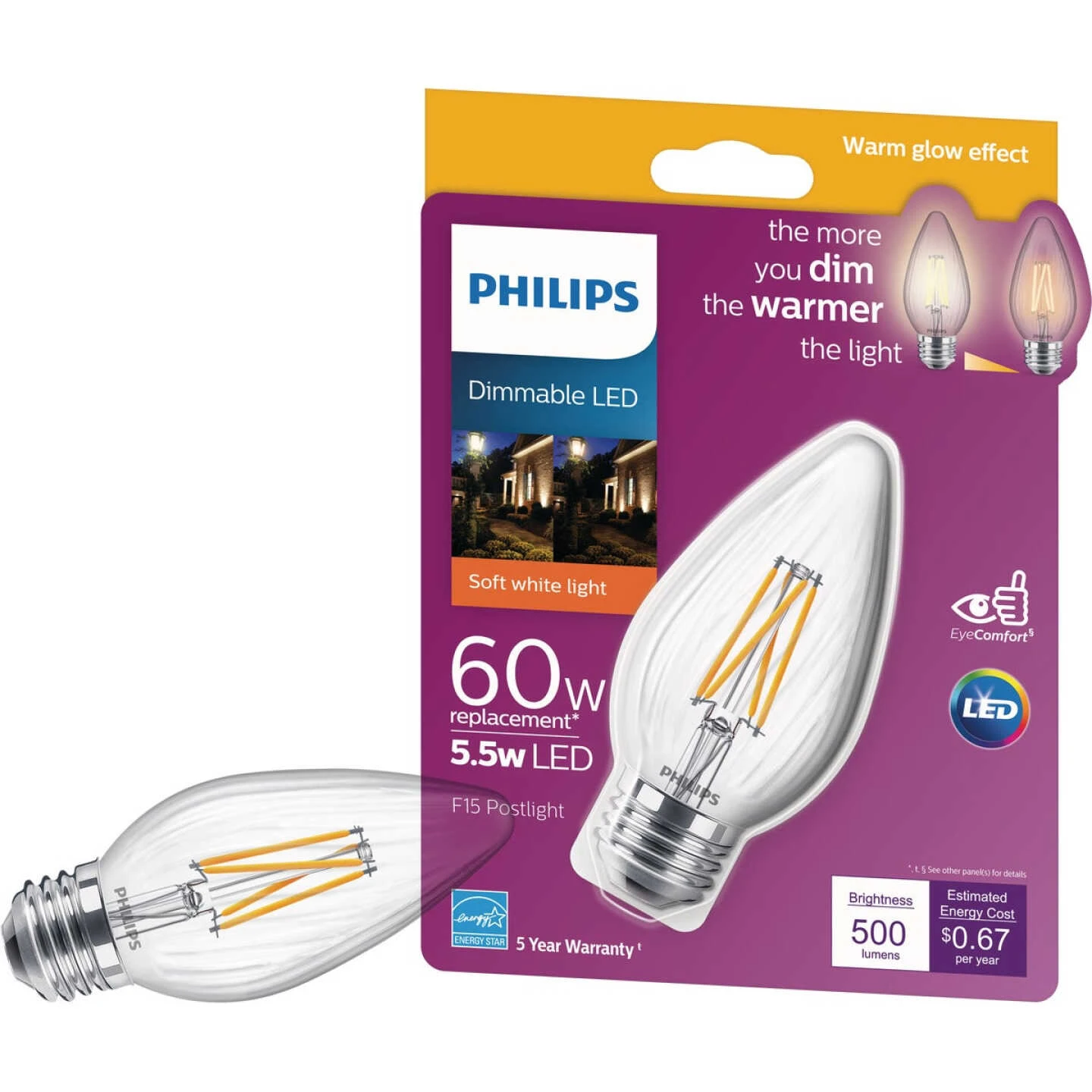 Philips Warm Glow 60W Equivalent Soft White F15 Medium Dimmable Post LED Decorative Light Bulb 3 Philips Warm Glow 60W Equivalent Soft White F15 Medium Dimmable Post LED Decorative Light Bulb