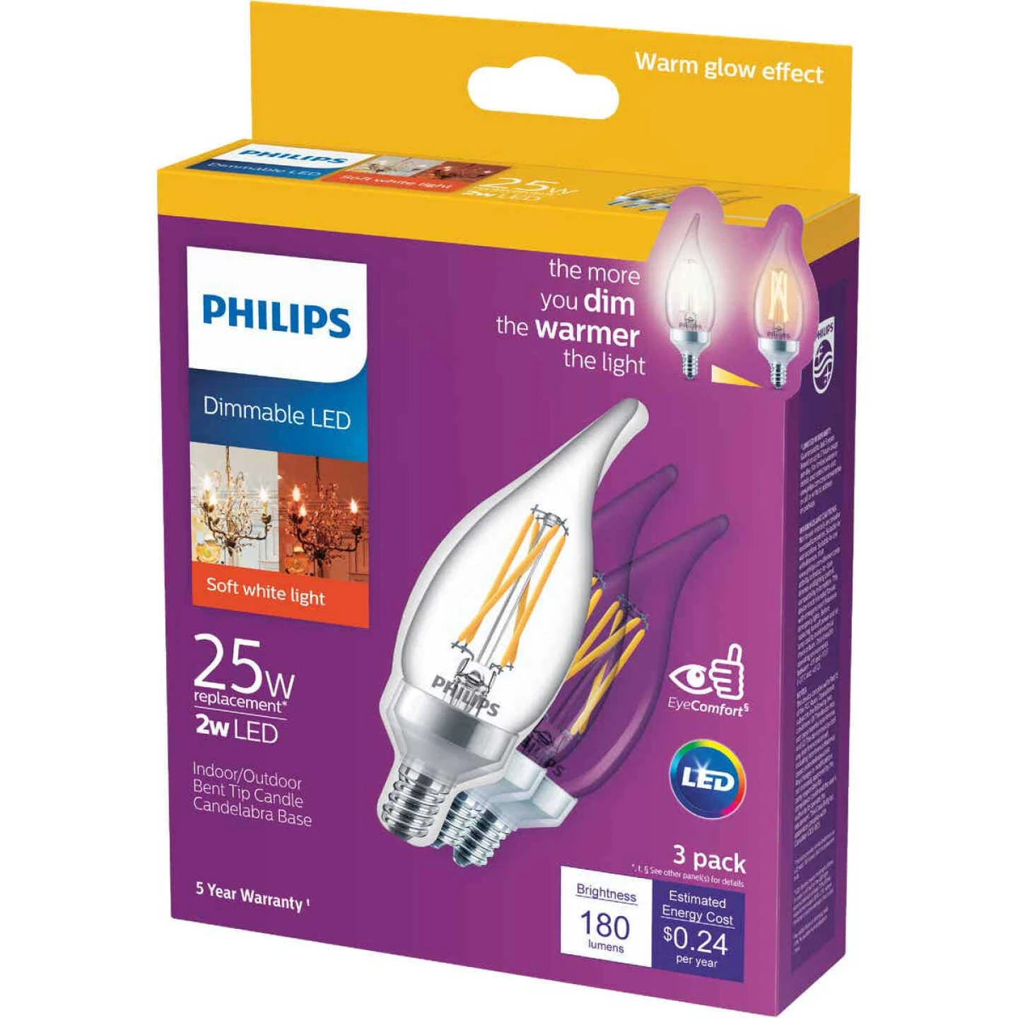 Philips Warm Glow 25W Equivalent Soft White BA11 Candelabra Dimmable LED Decorative Light Bulb (3-Pack) 3 Philips Warm Glow 25W Equivalent Soft White BA11 Candelabra Dimmable LED Decorative Light Bulb (3-Pack)
