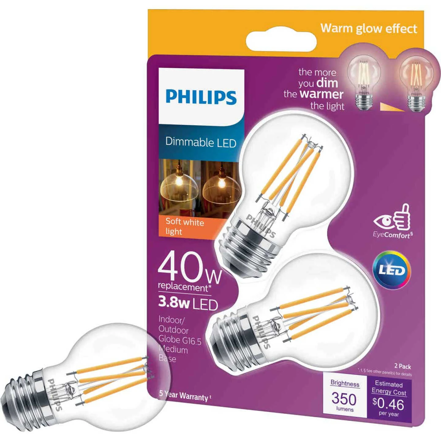 Philips Warm Glow 40W Equivalent Soft White G16.5 Medium Dimmable LED Decorative Light Bulb (2-Pack) 3 Philips Warm Glow 40W Equivalent Soft White G16.5 Medium Dimmable LED Decorative Light Bulb (2-Pack)