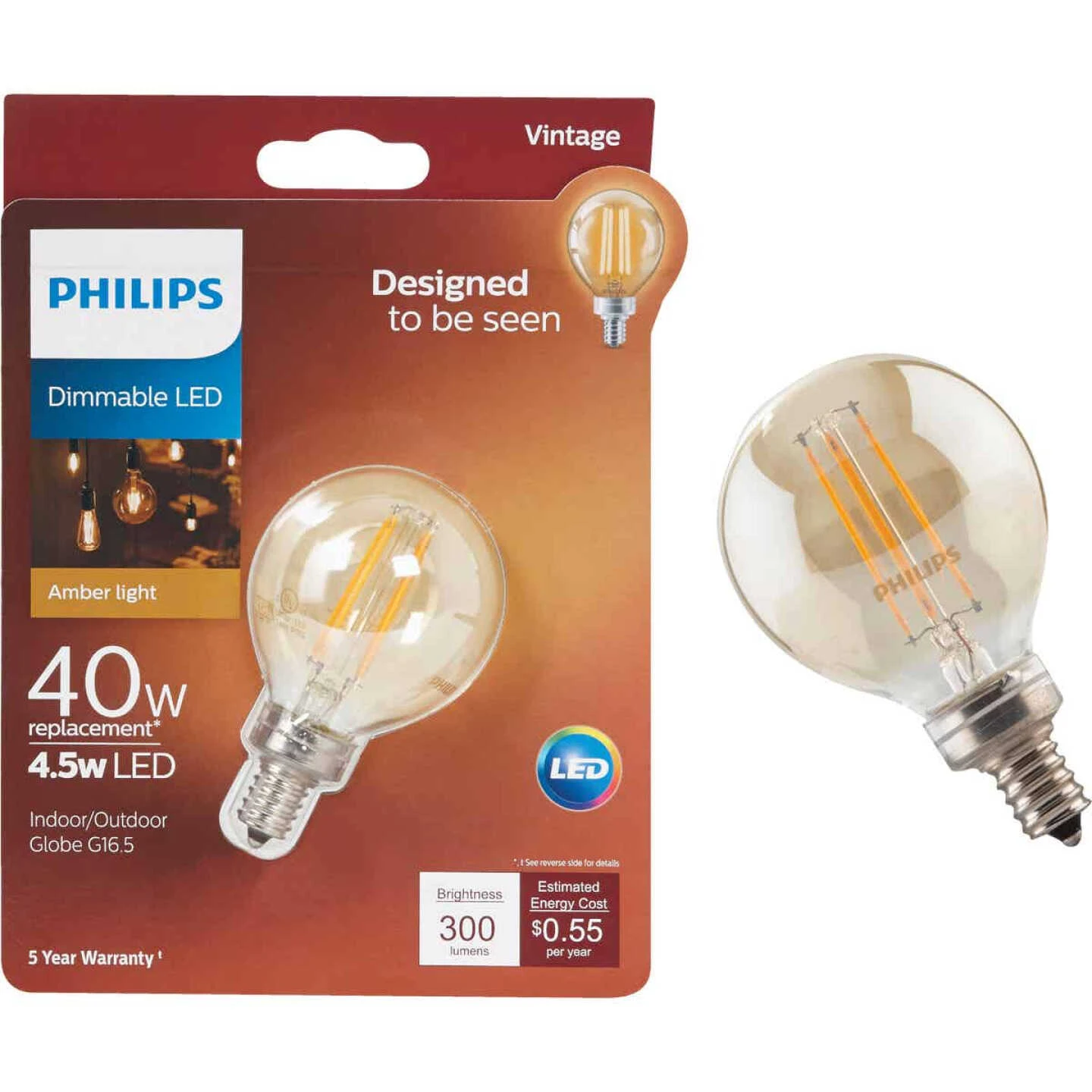 Philips Vintage Edison 40W Equivalent Soft White G16.5 Candelabra Dimmable LED Decorative Light Bulb 3 Philips Vintage Edison 40W Equivalent Soft White G16.5 Candelabra Dimmable LED Decorative Light Bulb