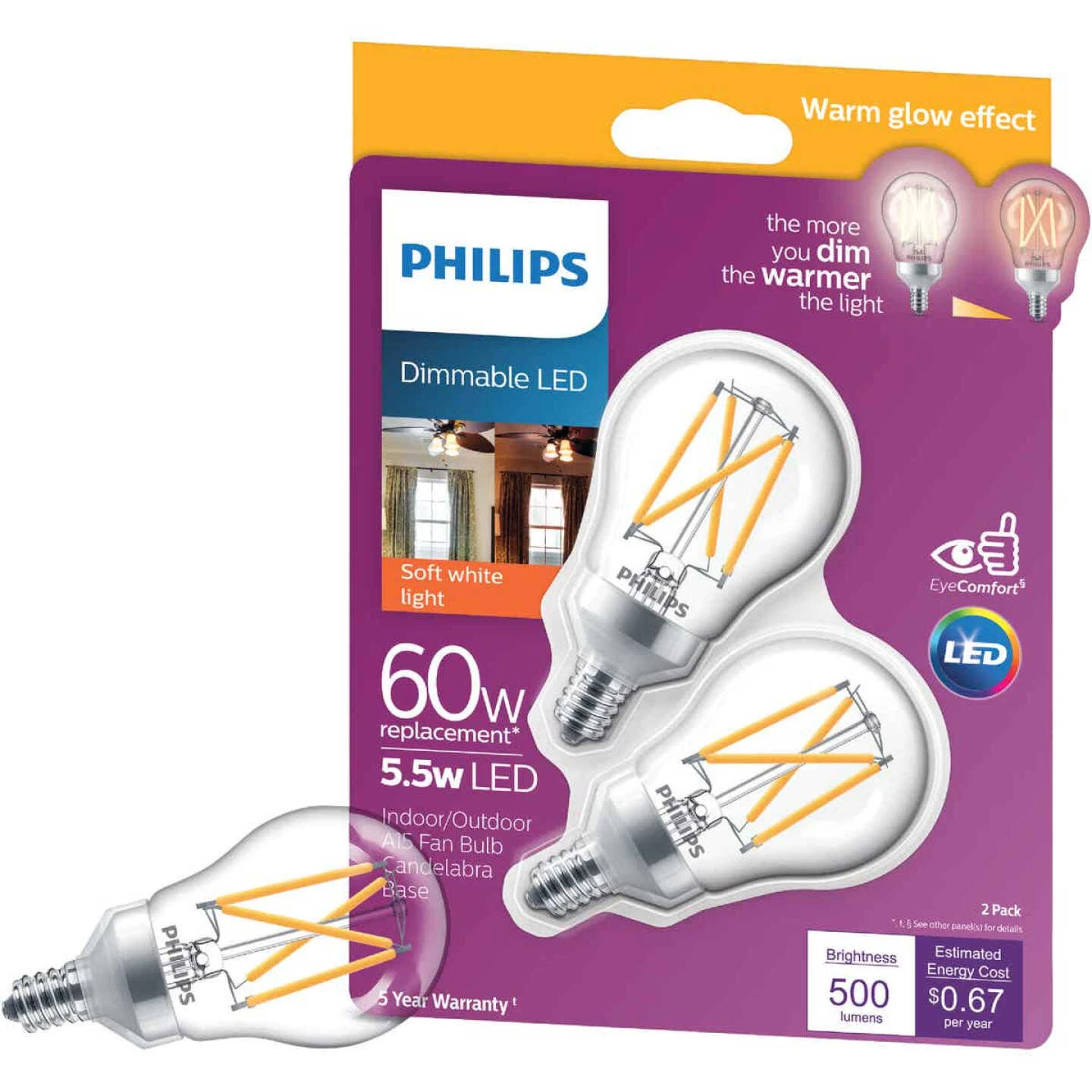 Philips Warm Glow 60W Equivalent Soft White A15 Candelabra Dimmable LED Light Bulb (2-Pack)8 3 Philips Warm Glow 60W Equivalent Soft White A15 Candelabra Dimmable LED Light Bulb (2-Pack)8