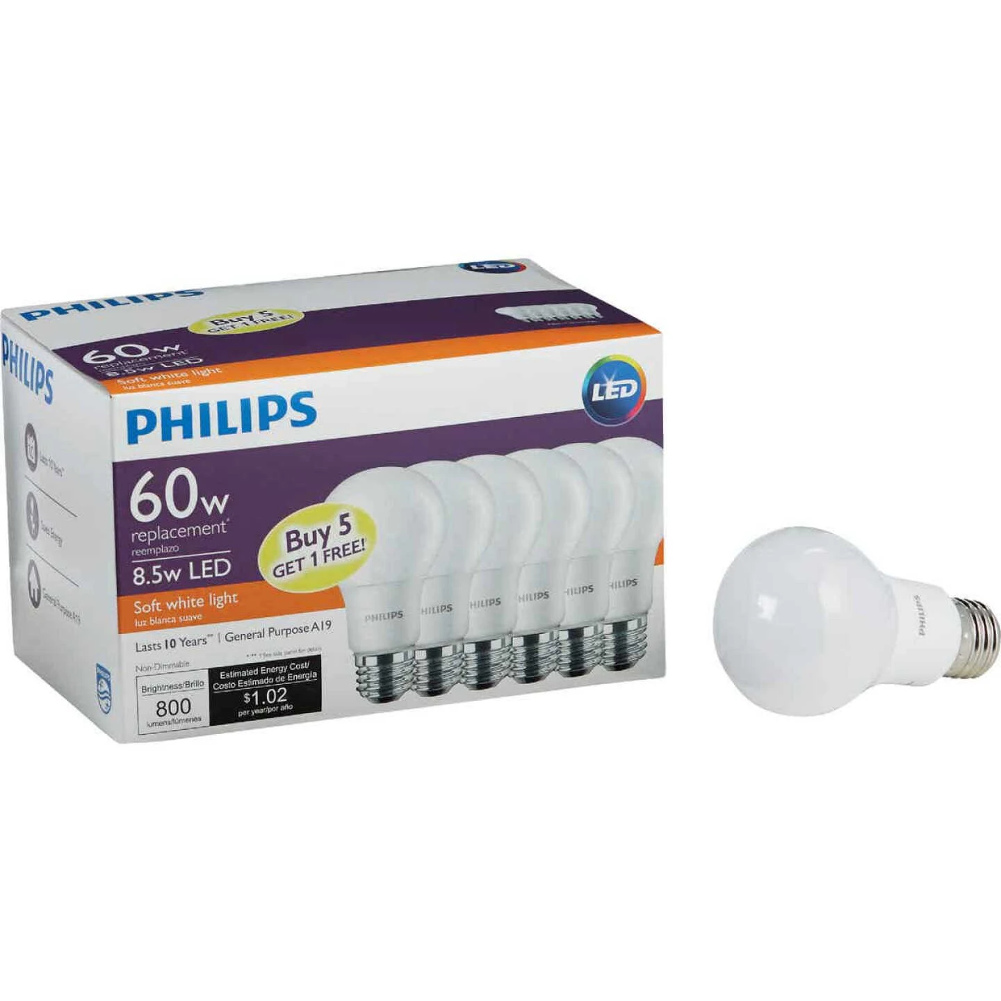 Philips 60W Equivalent Soft White A19 Medium LED Light Bulb (6-Pack) 3 Philips 60W Equivalent Soft White A19 Medium LED Light Bulb (6-Pack)