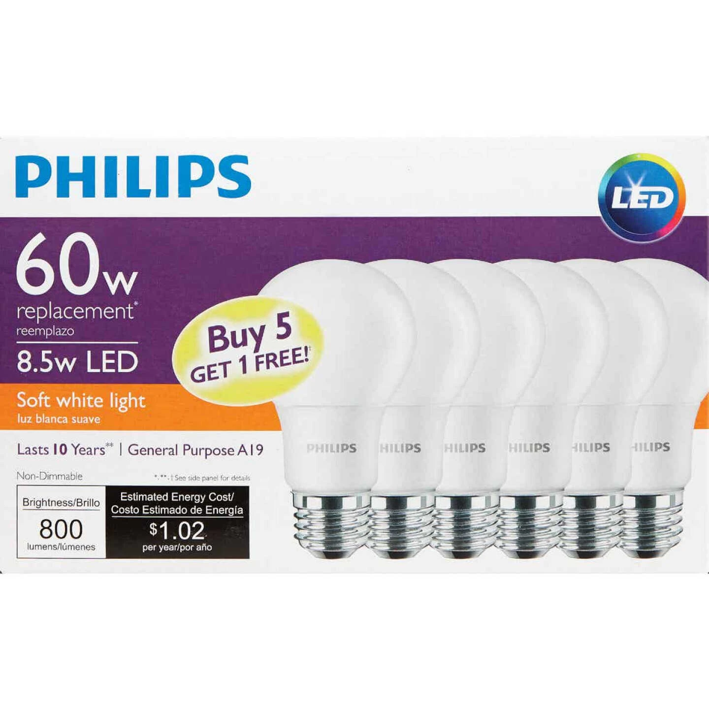 Philips 60W Equivalent Soft White A19 Medium LED Light Bulb (6-Pack) 4 Philips 60W Equivalent Soft White A19 Medium LED Light Bulb (6-Pack) - Image 2