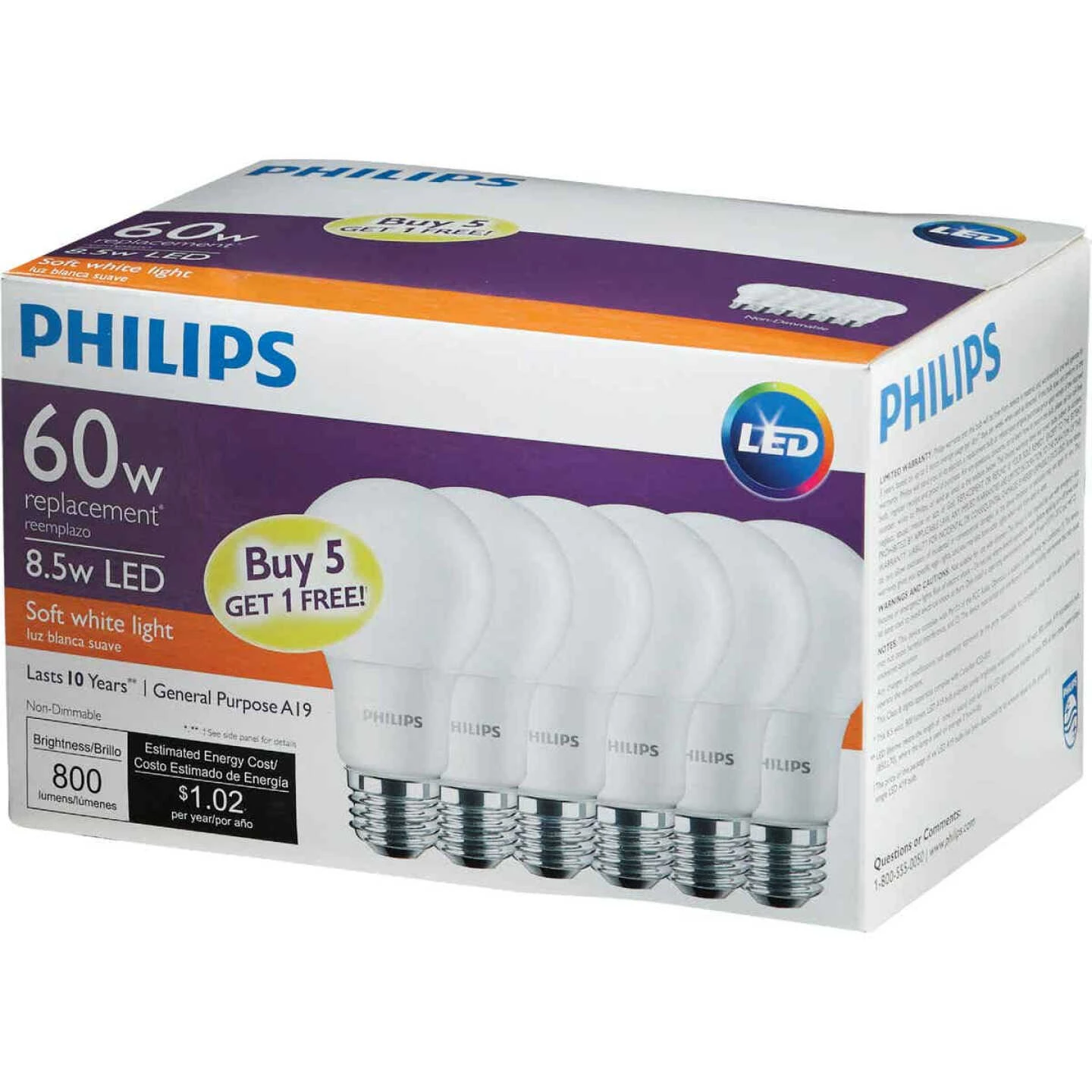 Philips 60W Equivalent Soft White A19 Medium LED Light Bulb (6-Pack) 5 Philips 60W Equivalent Soft White A19 Medium LED Light Bulb (6-Pack) - Image 3