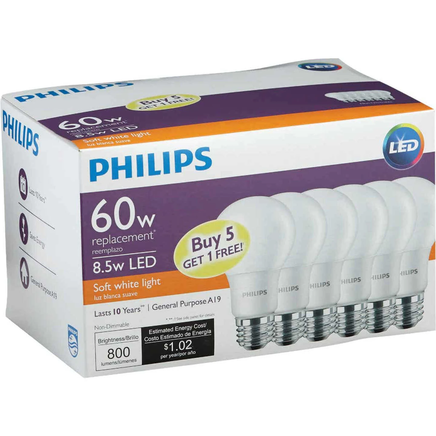 Philips 60W Equivalent Soft White A19 Medium LED Light Bulb (6-Pack) 7 Philips 60W Equivalent Soft White A19 Medium LED Light Bulb (6-Pack) - Image 5