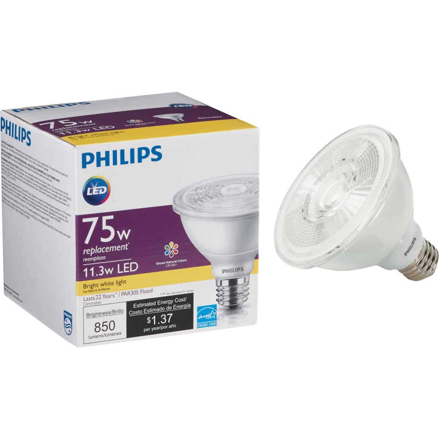Philips 75W Equivalent Bright White PAR30 Short Neck Medium Dimmable LED Floodlight Light Bulb With 25 Deg. Beam 3 Philips 75W Equivalent Bright White PAR30 Short Neck Medium Dimmable LED Floodlight Light Bulb With 25 Deg. Beam