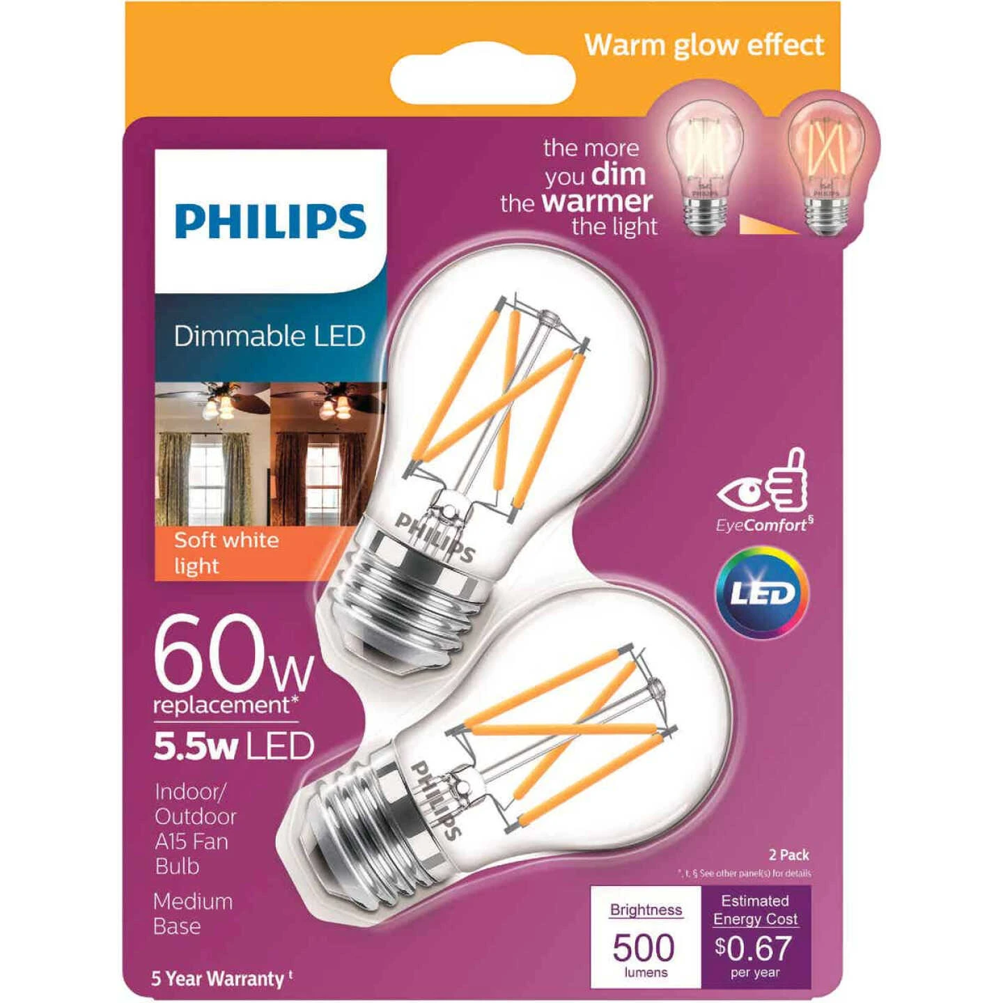 Philips Warm Glow 60W Equivalent A15 Medium Dimmable LED Light Bulb (2-Pack) 3 Philips Warm Glow 60W Equivalent A15 Medium Dimmable LED Light Bulb (2-Pack)