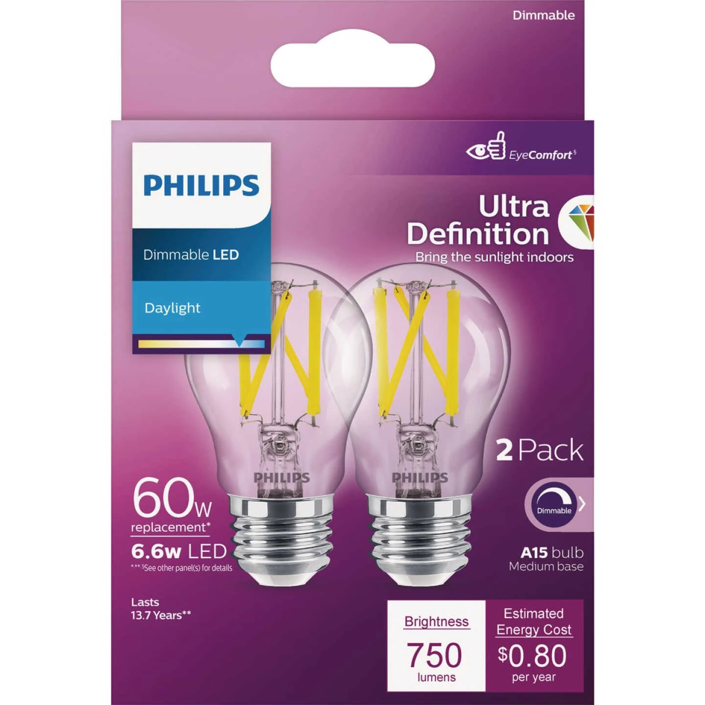 Philips Ultra Definition 60W Equivalent Daylight A15 Medium Dimmable LED Light Bulb (2-Pack) 4 Philips Ultra Definition 60W Equivalent Daylight A15 Medium Dimmable LED Light Bulb (2-Pack) - Image 2