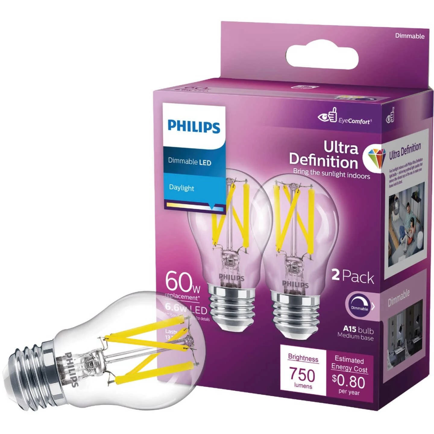Philips Ultra Definition 60W Equivalent Daylight A15 Medium Dimmable LED Light Bulb (2-Pack) 3 Philips Ultra Definition 60W Equivalent Daylight A15 Medium Dimmable LED Light Bulb (2-Pack)