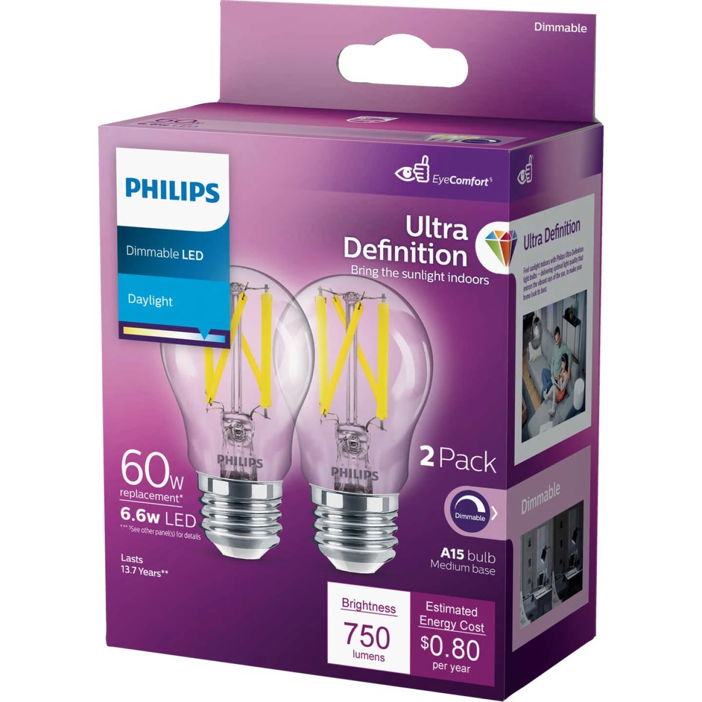 Philips Ultra Definition 60W Equivalent Daylight A15 Medium Dimmable LED Light Bulb (2-Pack) 6 Philips Ultra Definition 60W Equivalent Daylight A15 Medium Dimmable LED Light Bulb (2-Pack) - Image 4